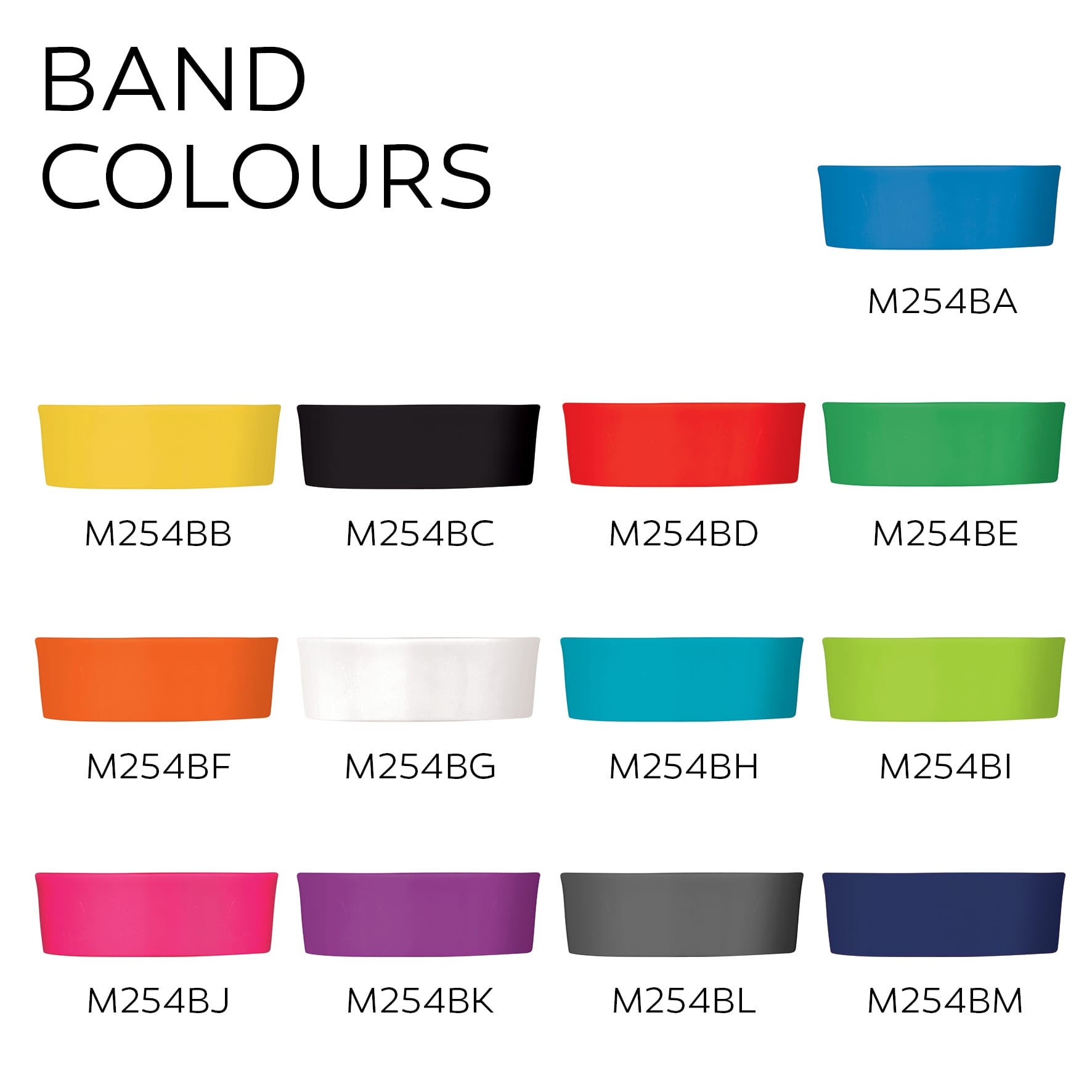 A collection of coloured bands in various hues, including blue, black, green, white, and purple. Each band is sectioned neatly.