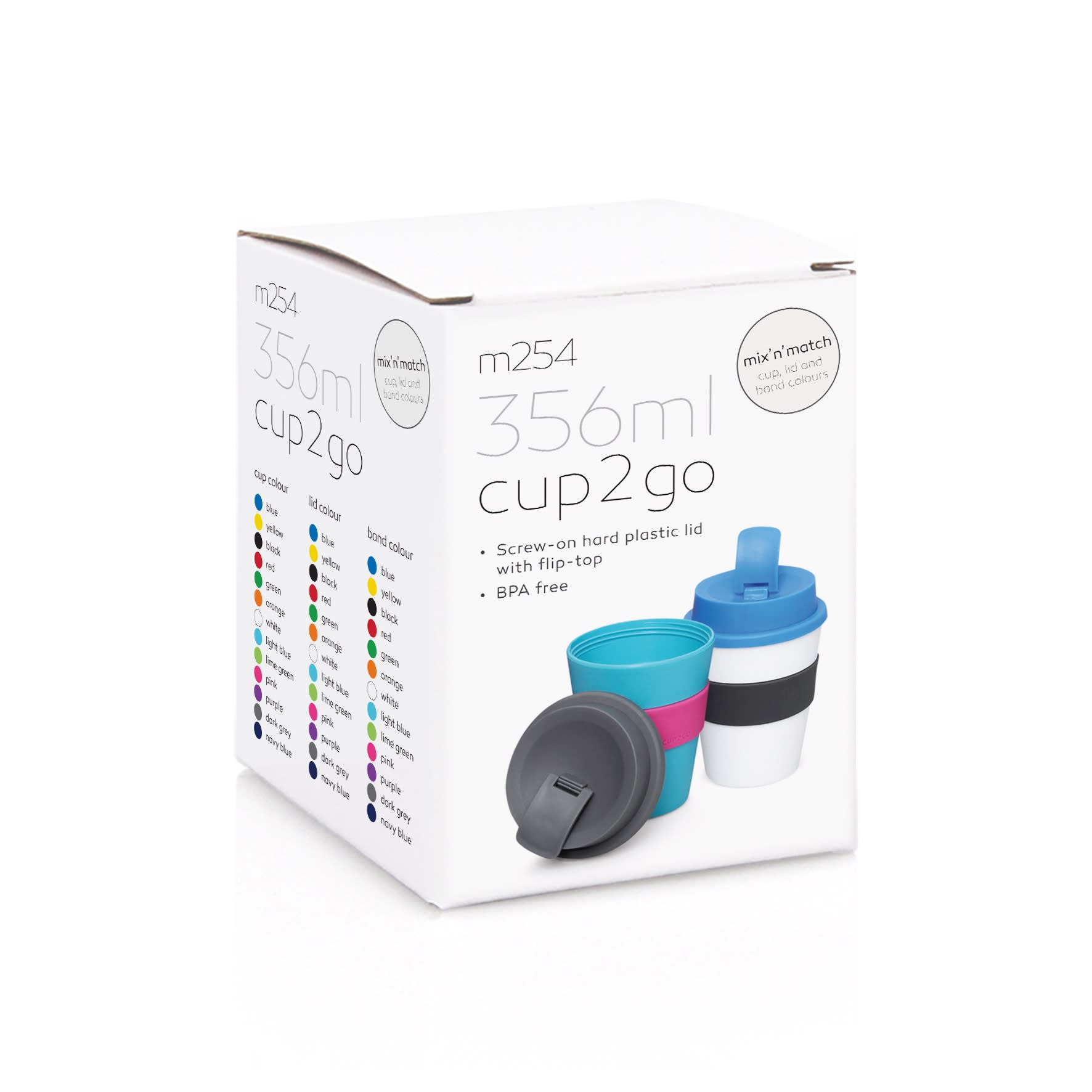A pack of Eco Coffee Cup Cup2Go 356ml with a variety of colours and a hard plastic lid. Includes branding.