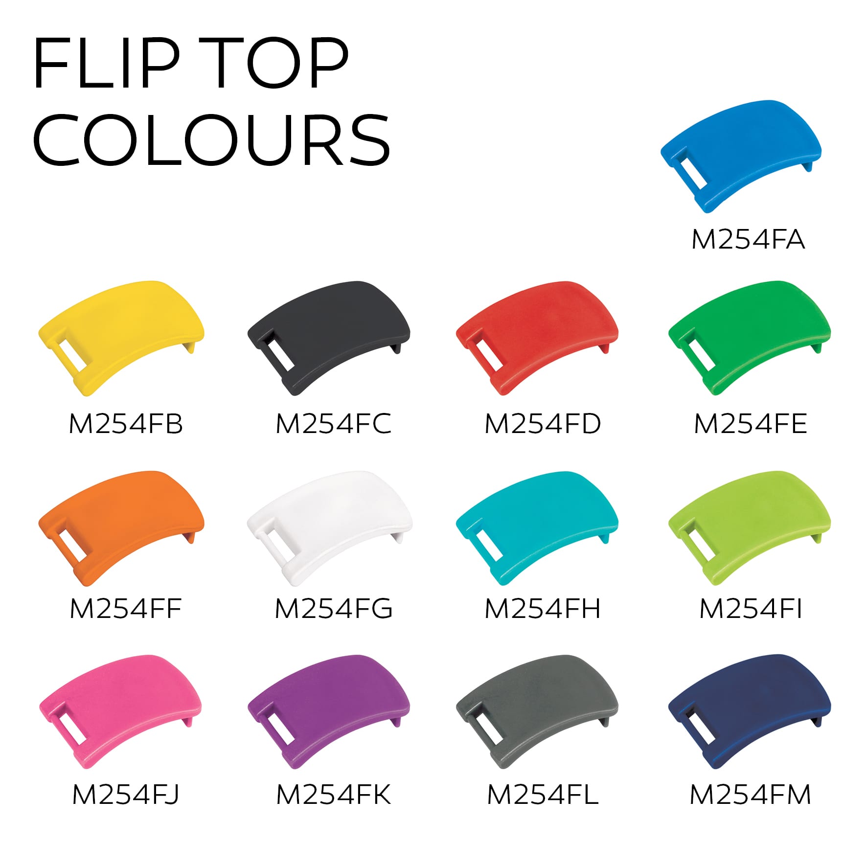 A collection of flip top caps in various colours including yellow, black, red, green, purple, and white, arranged in a grid.
