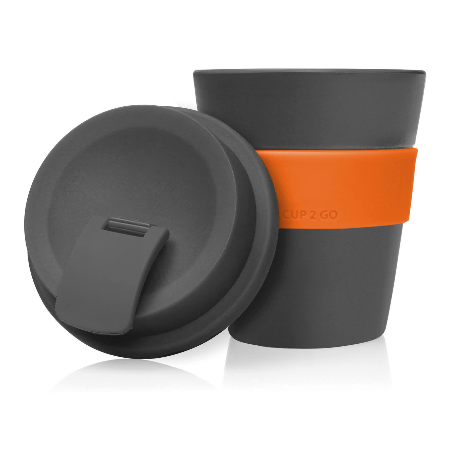 A drink bottle featuring a grey cup with an orange silicone band and a matching lid. It has a logo.