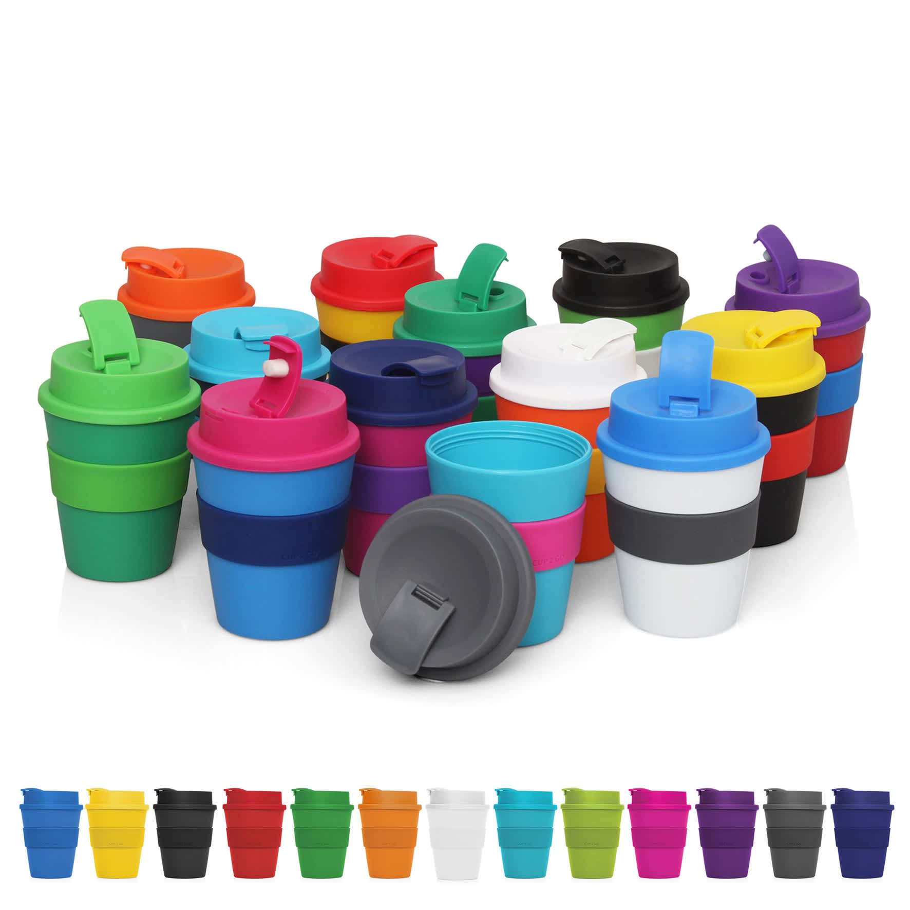 A range of colourful Eco Coffee Cups featuring various hues of green, blue, red, purple, black, and white, with lids.