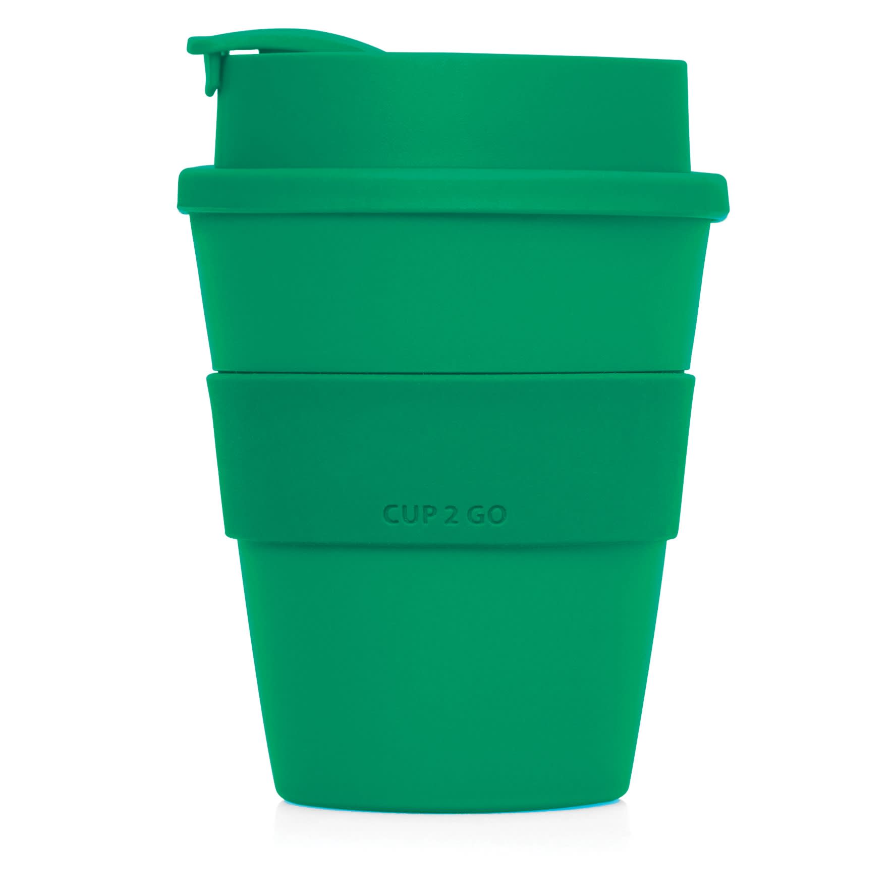A green eco coffee cup with a silicone band and a secure lid. It has a logo on the side.