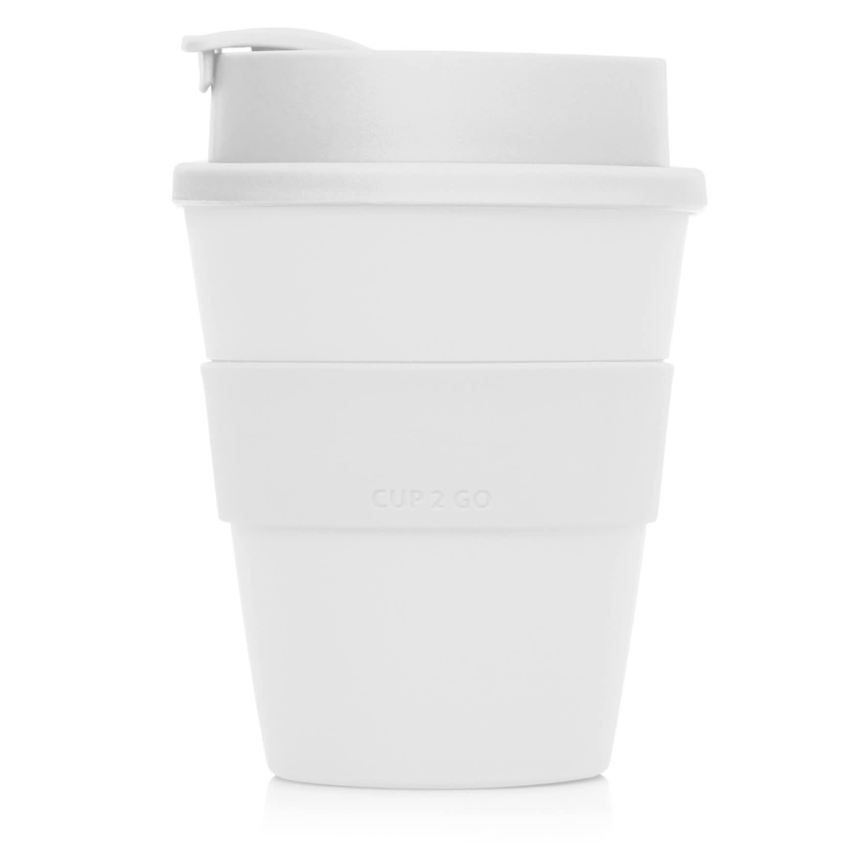 A drink bottle featuring a white, eco-friendly design with a lid and two stackable sections.