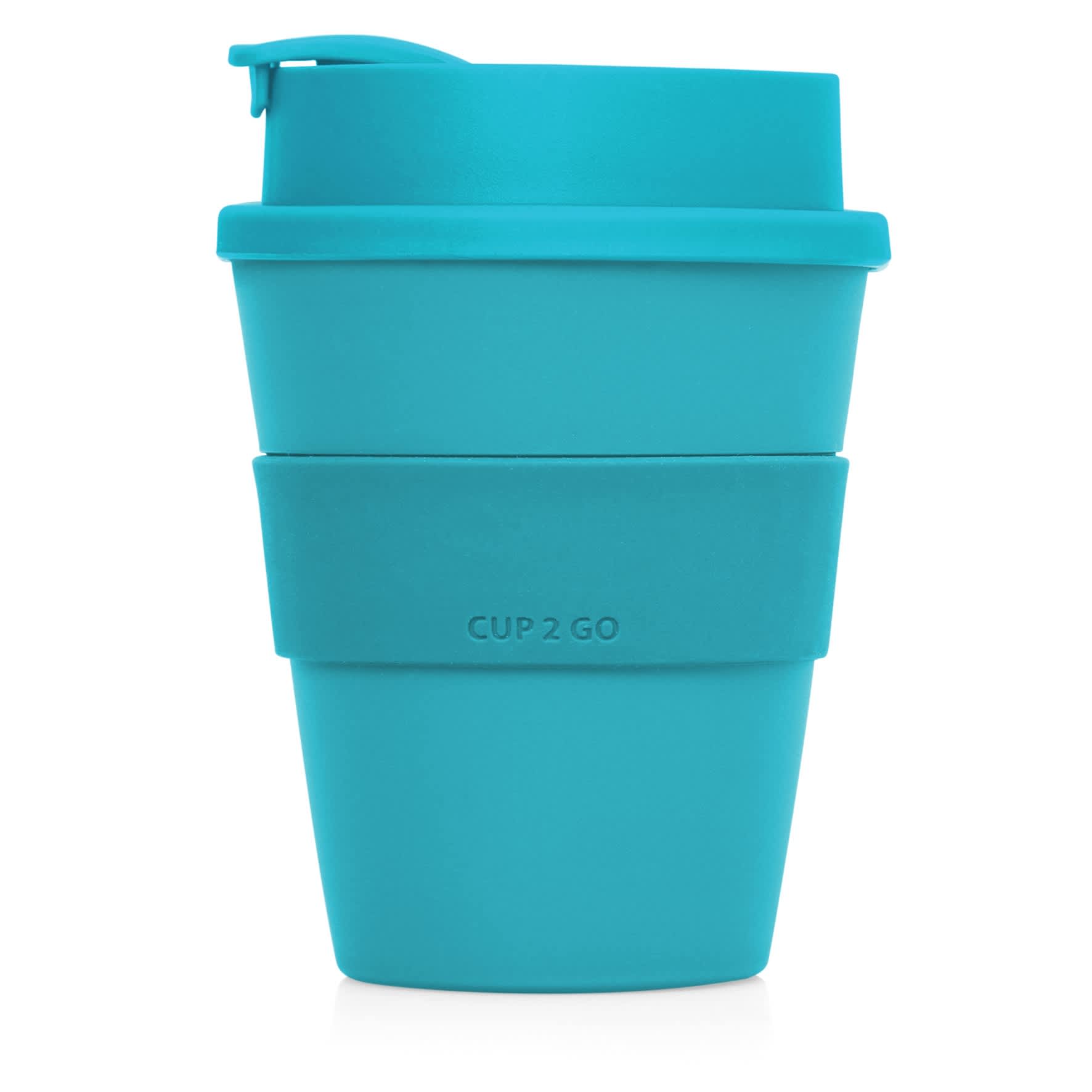 A drink bottle in teal, featuring a silicone sleeve and a secure lid. It has a logo on the side.