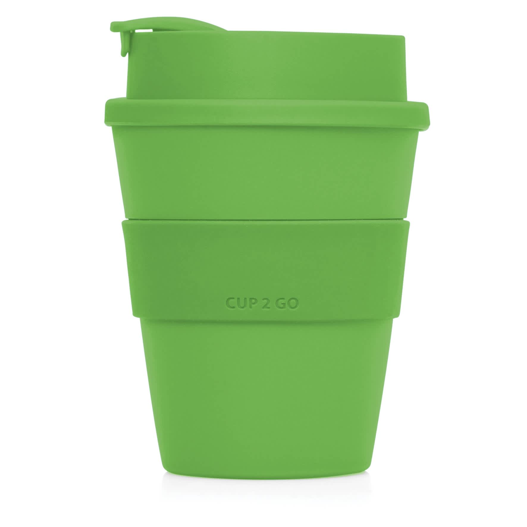 A green Eco Coffee Cup made of plastic, featuring a two-part design with a secure lid and branding.