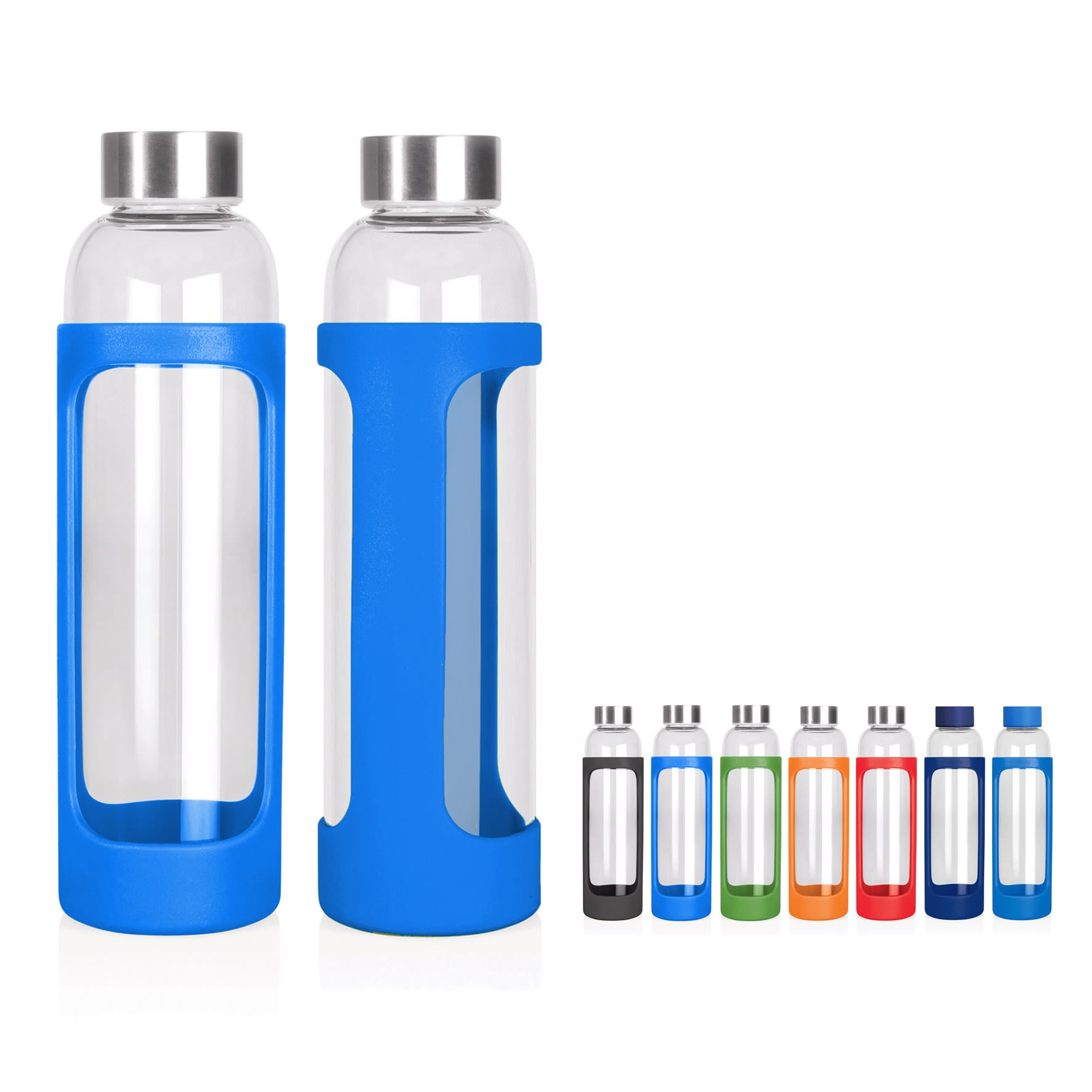 A drink bottle collection featuring clear glass designs with coloured silicone sleeves in blue, green, orange, black, and more.