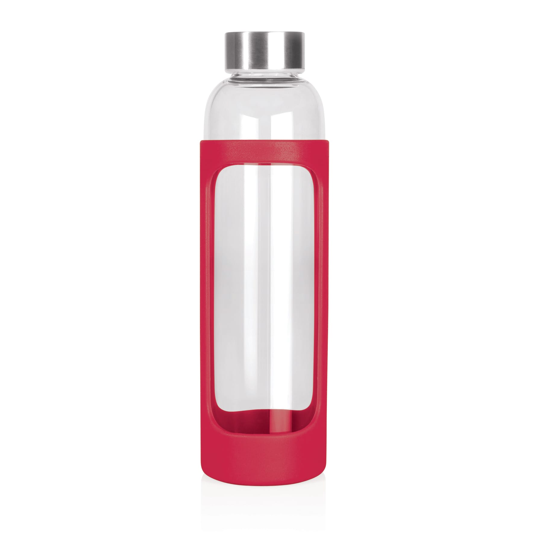 A drink bottle with a clear glass body and a red silicone sleeve, featuring a silver lid.