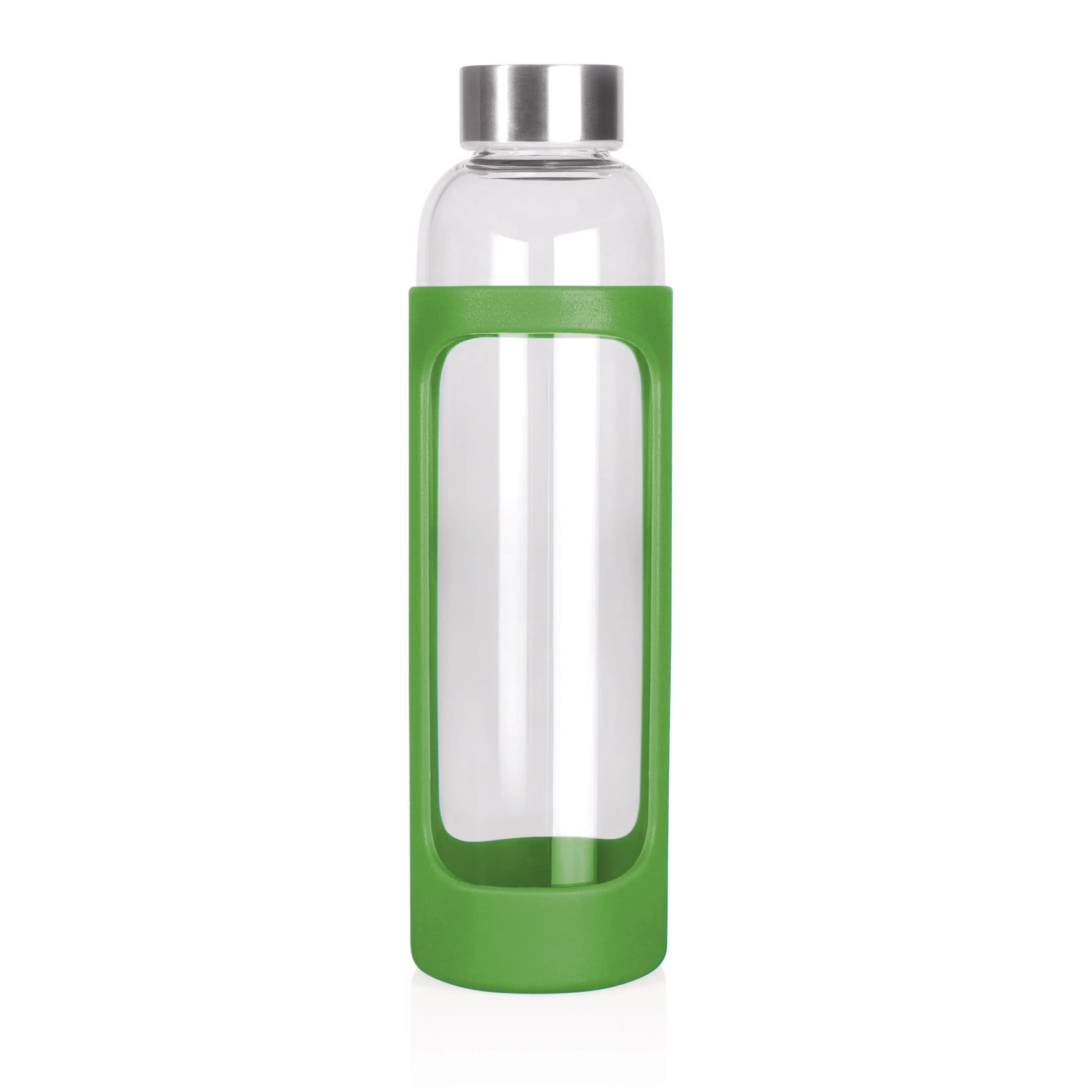 A drink bottle with a transparent glass body and a green silicone sleeve, featuring a silver screw top.