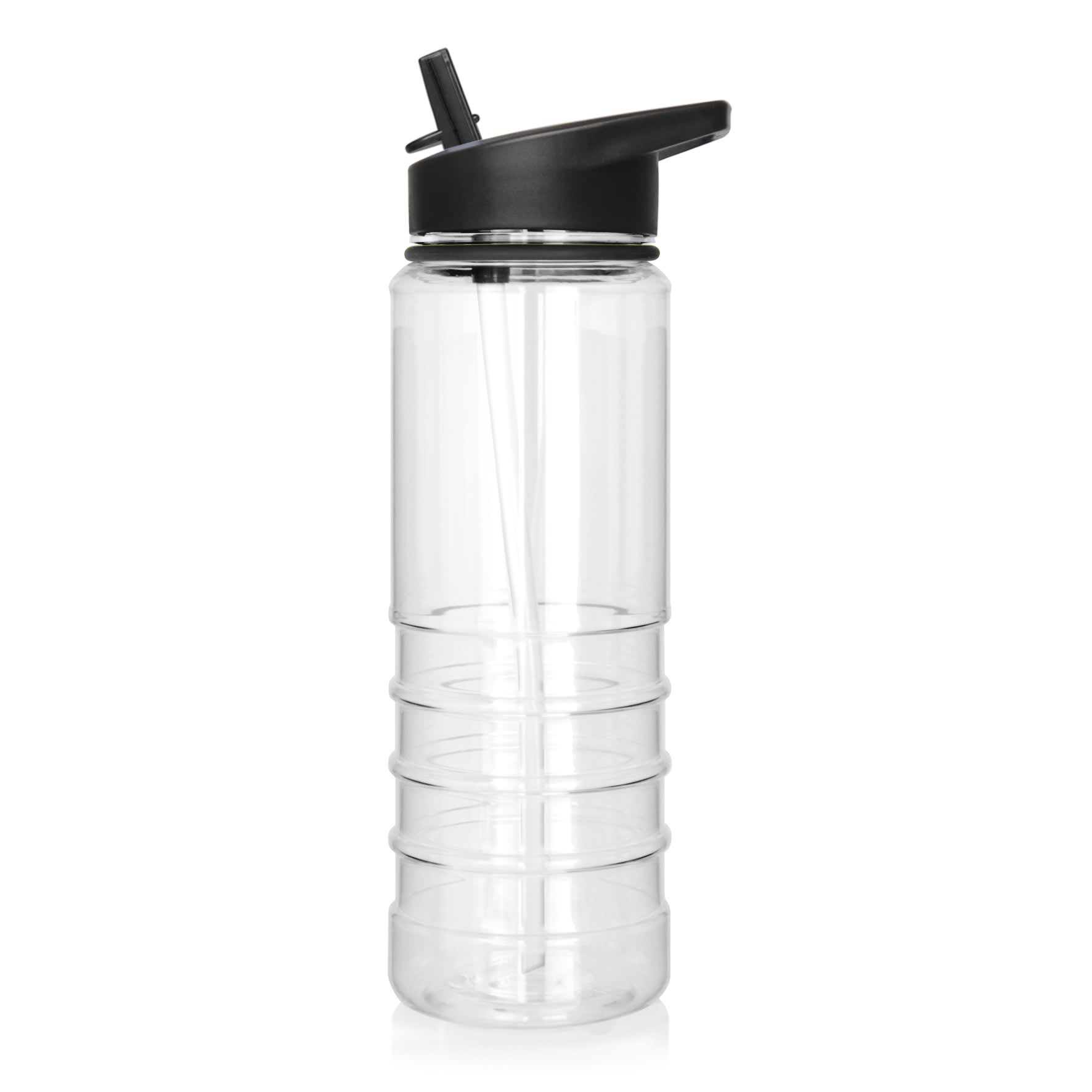 A drink bottle made from clear Tritan with a black lid and straw, featuring a textured grip design.