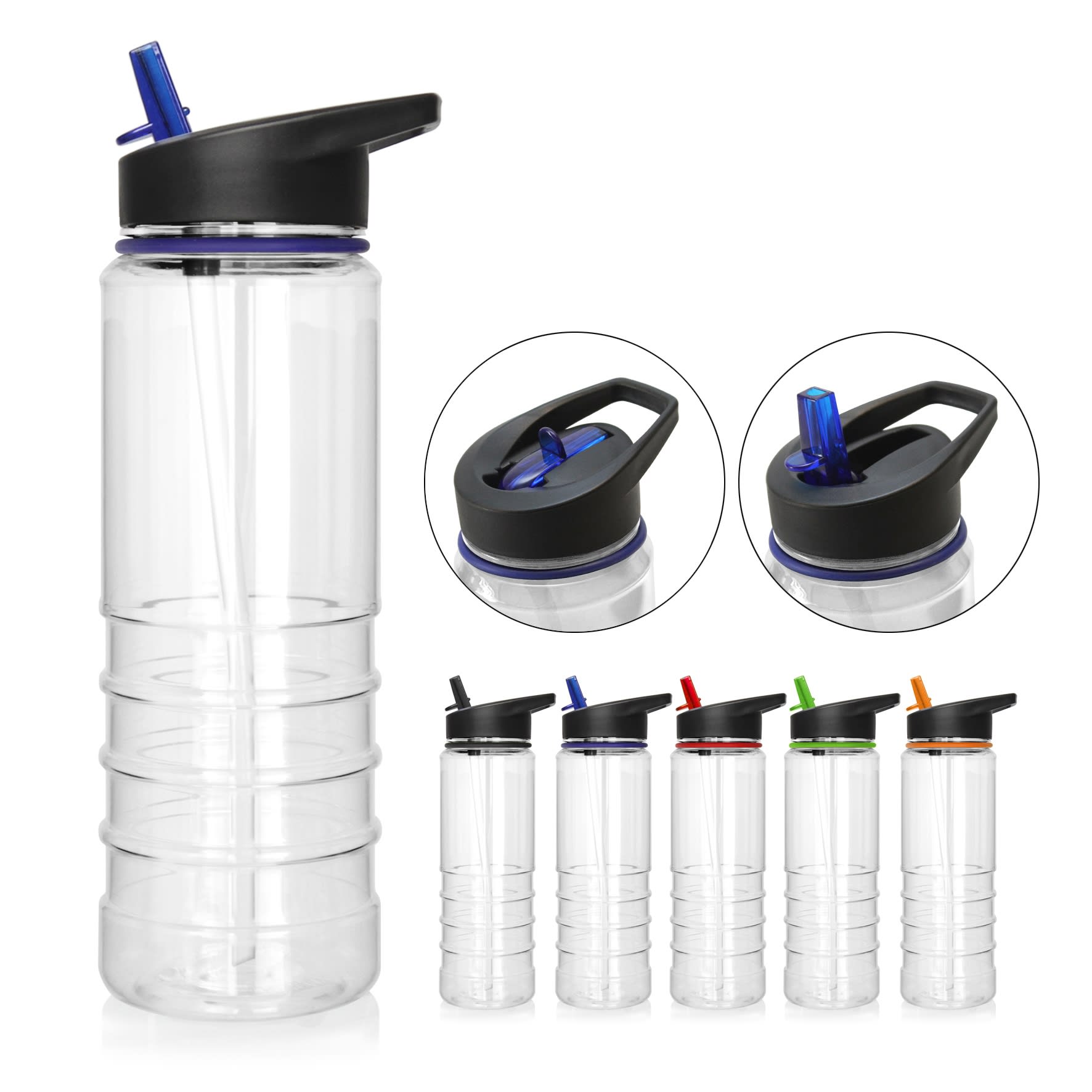 A drink bottle in clear Tritan with a black lid and various coloured straws, featuring a branding logo.