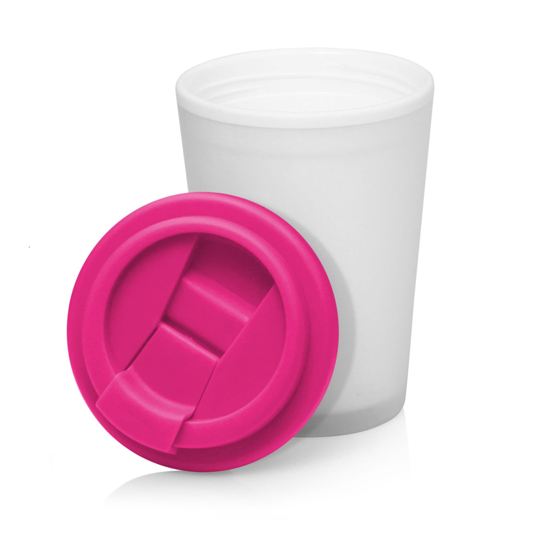 A drink bottle featuring a frosted white double wall design with a pink lid. Includes a branding logo.