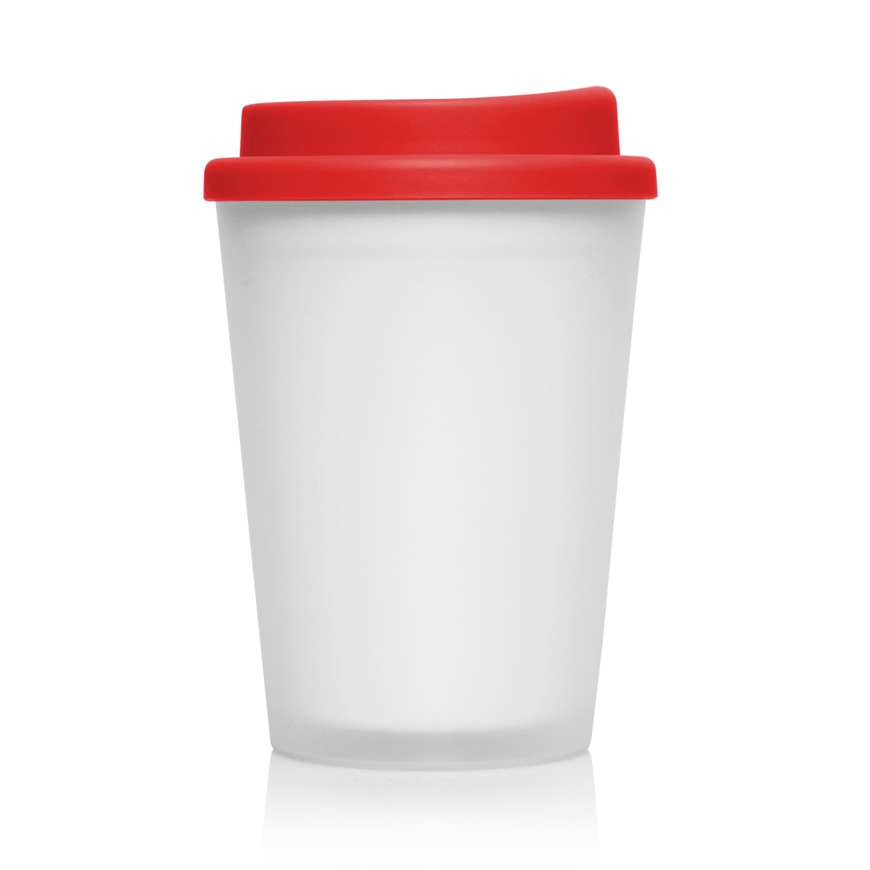 A drink bottle with a frosted clear body and a red plastic lid. It has a logo on the side.