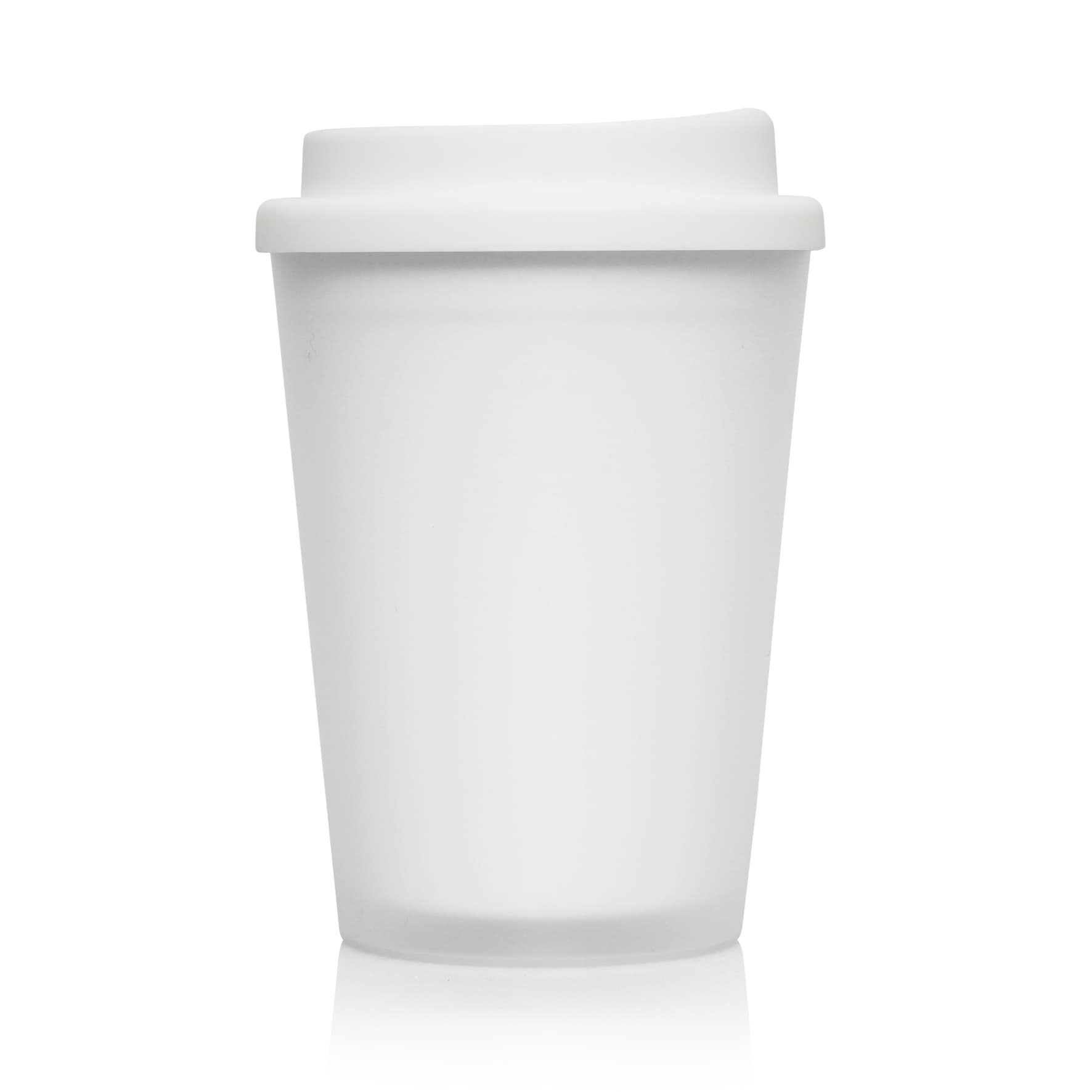 A frosted white double wall cup with a lid, designed for beverages, featuring a logo.