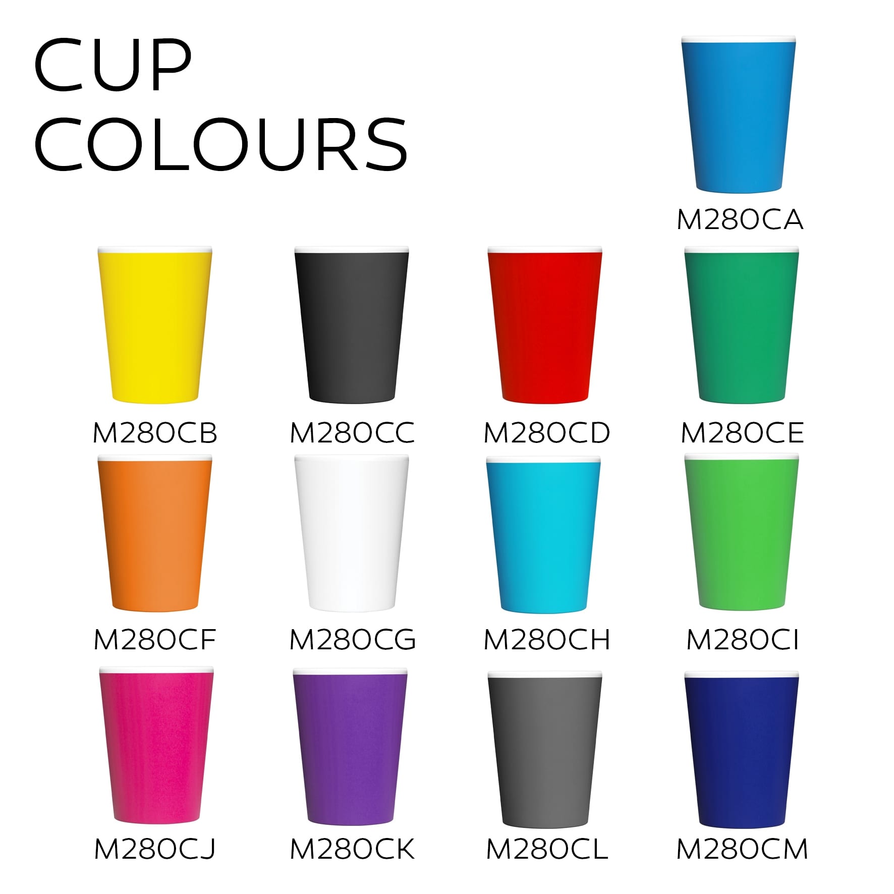 A collection of Eco Coffee Cups in various colours, including yellow, black, white, and purple, displayed with a logo.