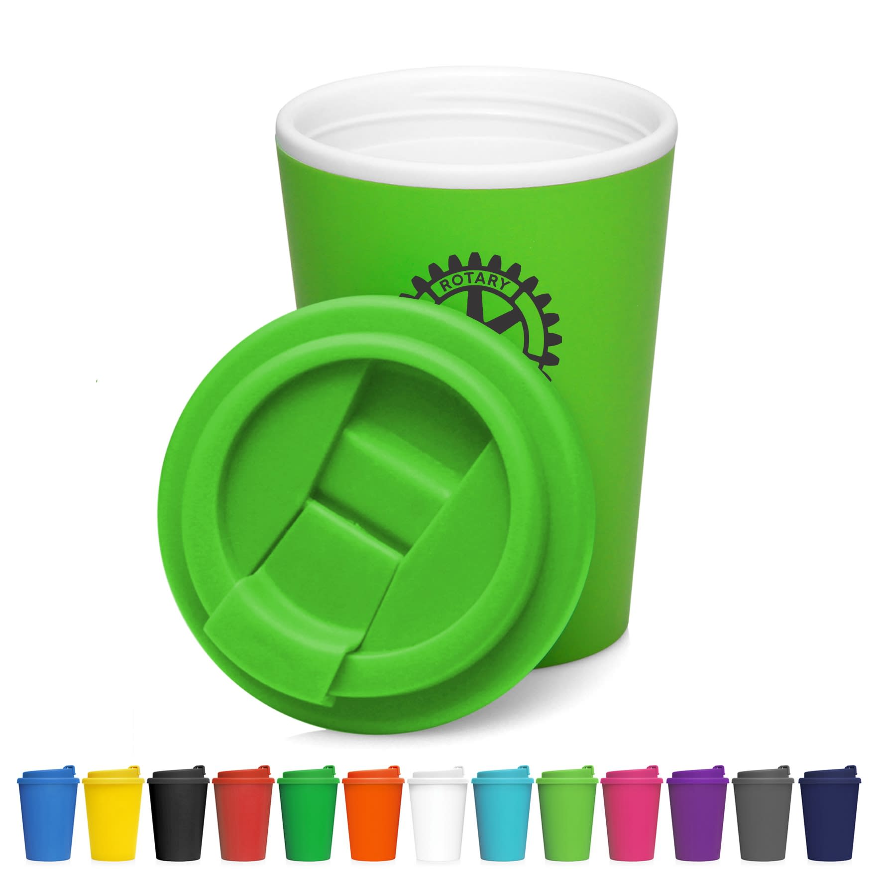 A green double wall coffee cup with a matching lid, featuring a logo, and available in various colours.