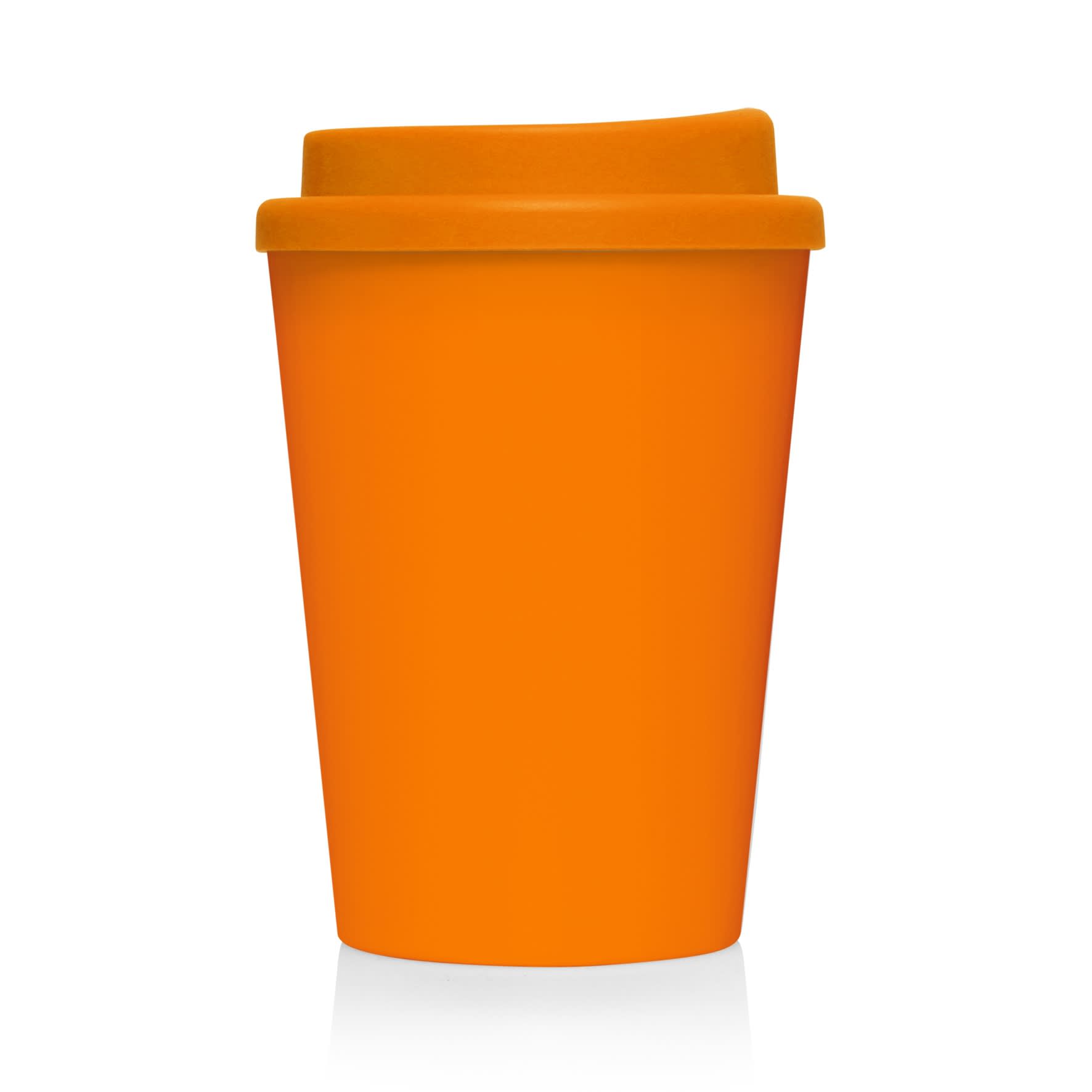 An orange double wall reusable coffee cup with a matching lid. Features a logo on the cup.