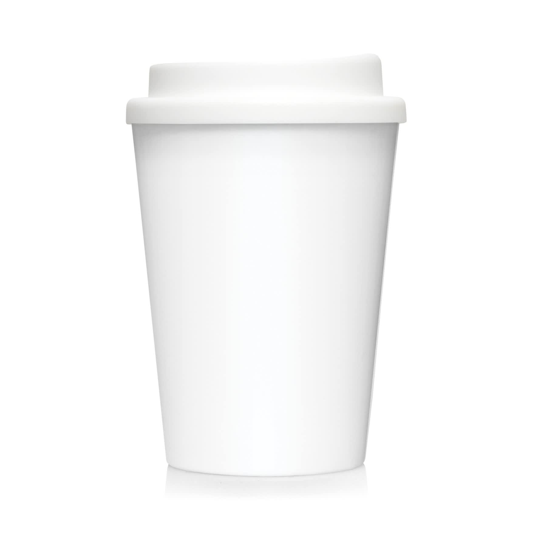 A drink bottle featuring a white plastic double wall design, complete with a matching lid and a branding logo.