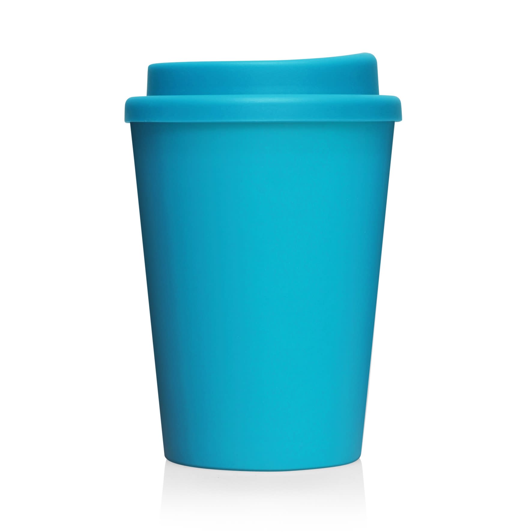 A drink bottle in bright turquoise, featuring a plastic double wall design and a lid. It has a logo.