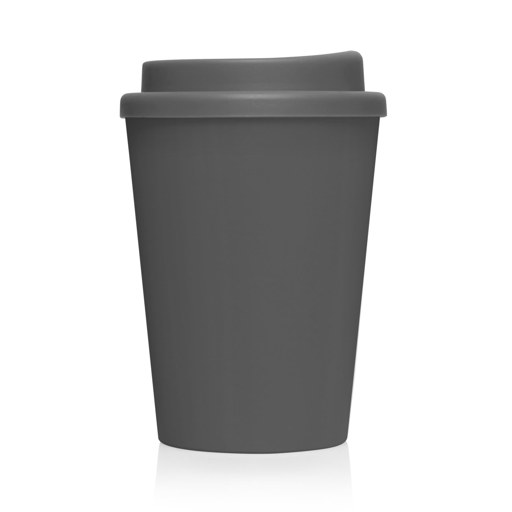 A drink bottle featuring a dark grey, double-walled design with a lid. It includes a logo on the side.