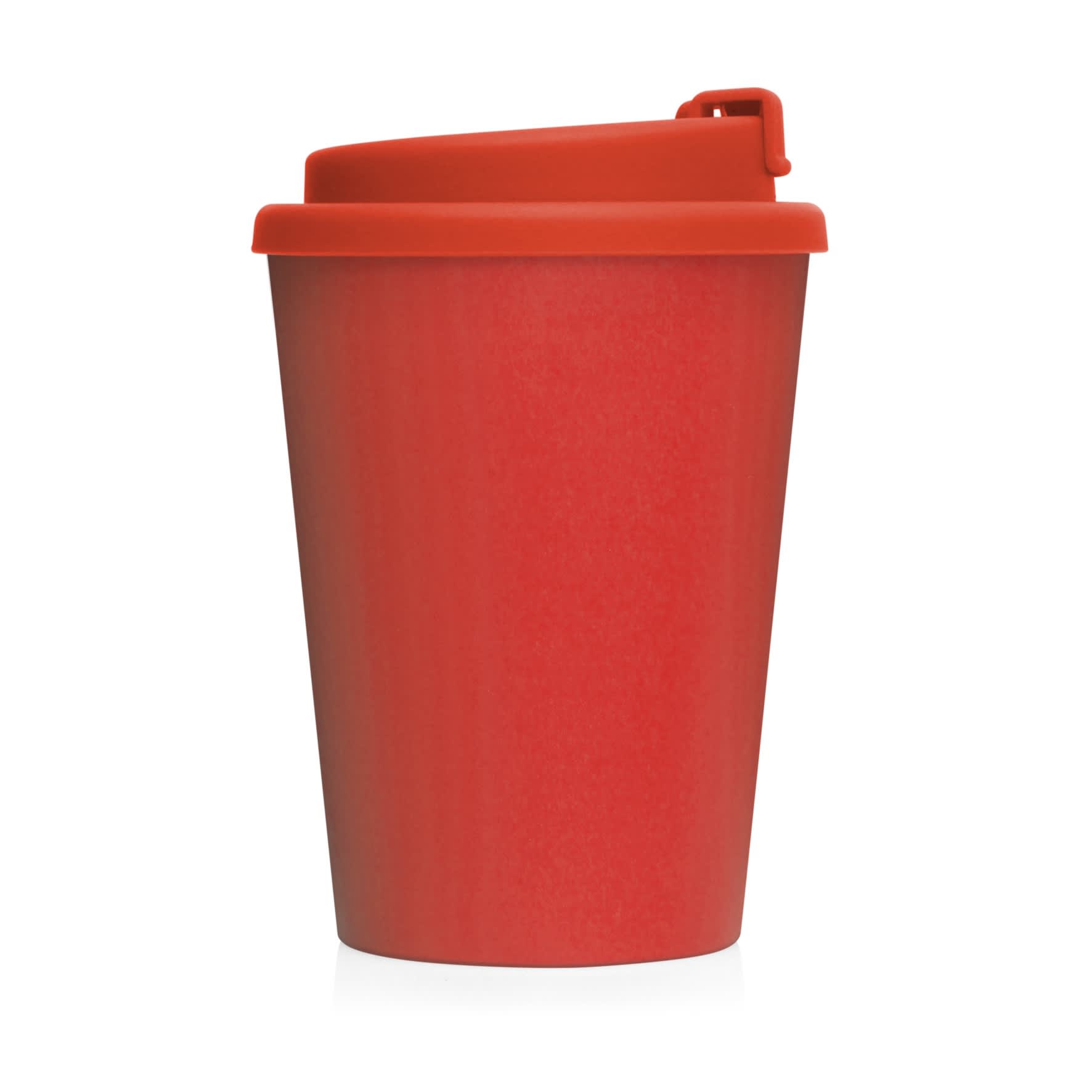 A drink bottle with a double wall design, featuring a bright red body and matching lid. It includes a logo.