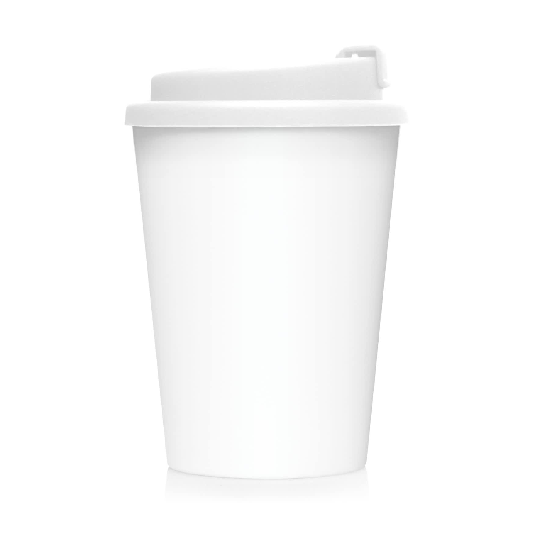 A drink bottle featuring a white double-walled design with a secure lid. It has a logo on the surface.