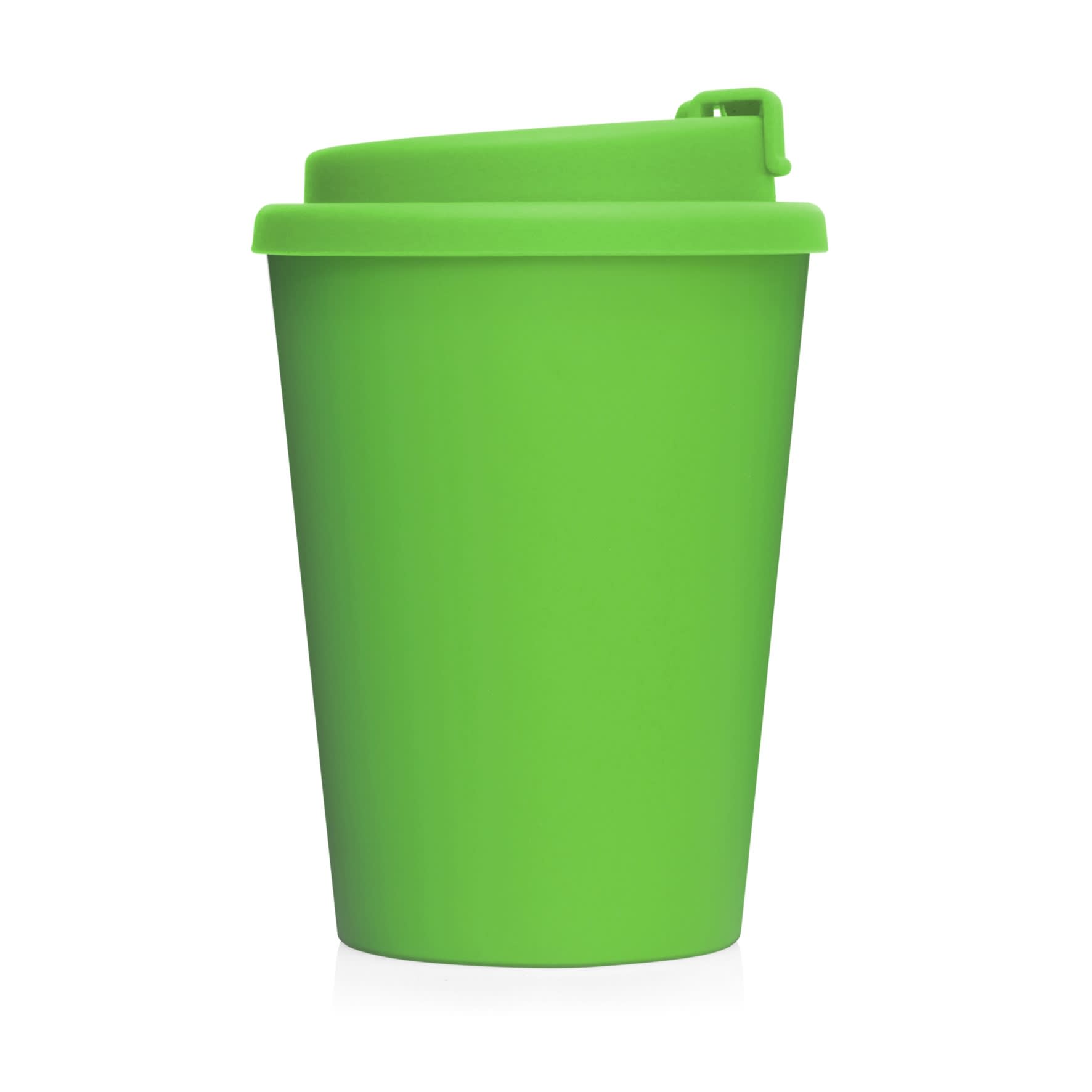 A green double-walled reusable coffee cup with a secure lid and a logo on the side.