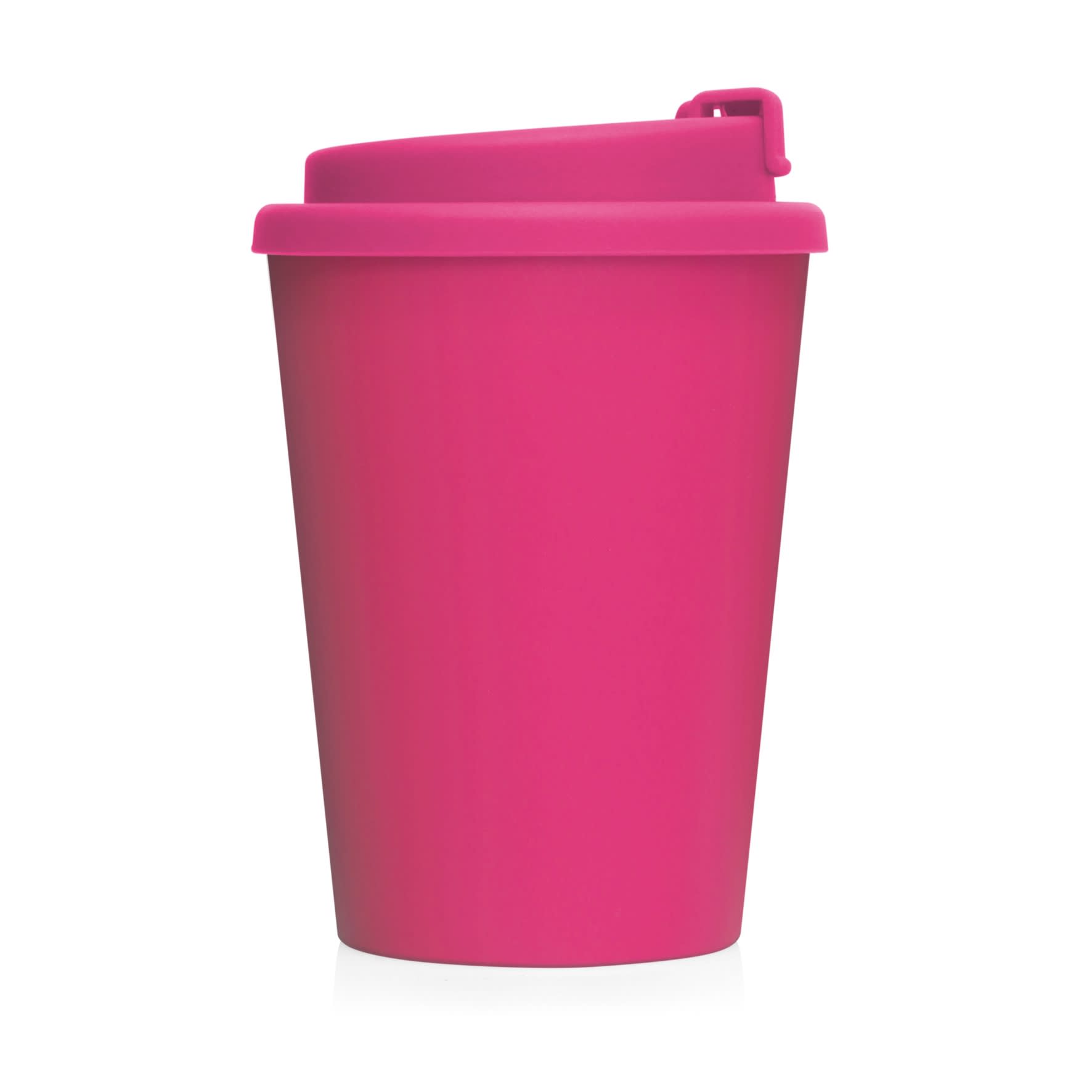 A drink bottle in a bright pink colour with a double wall design and a secure lid. Features a logo.