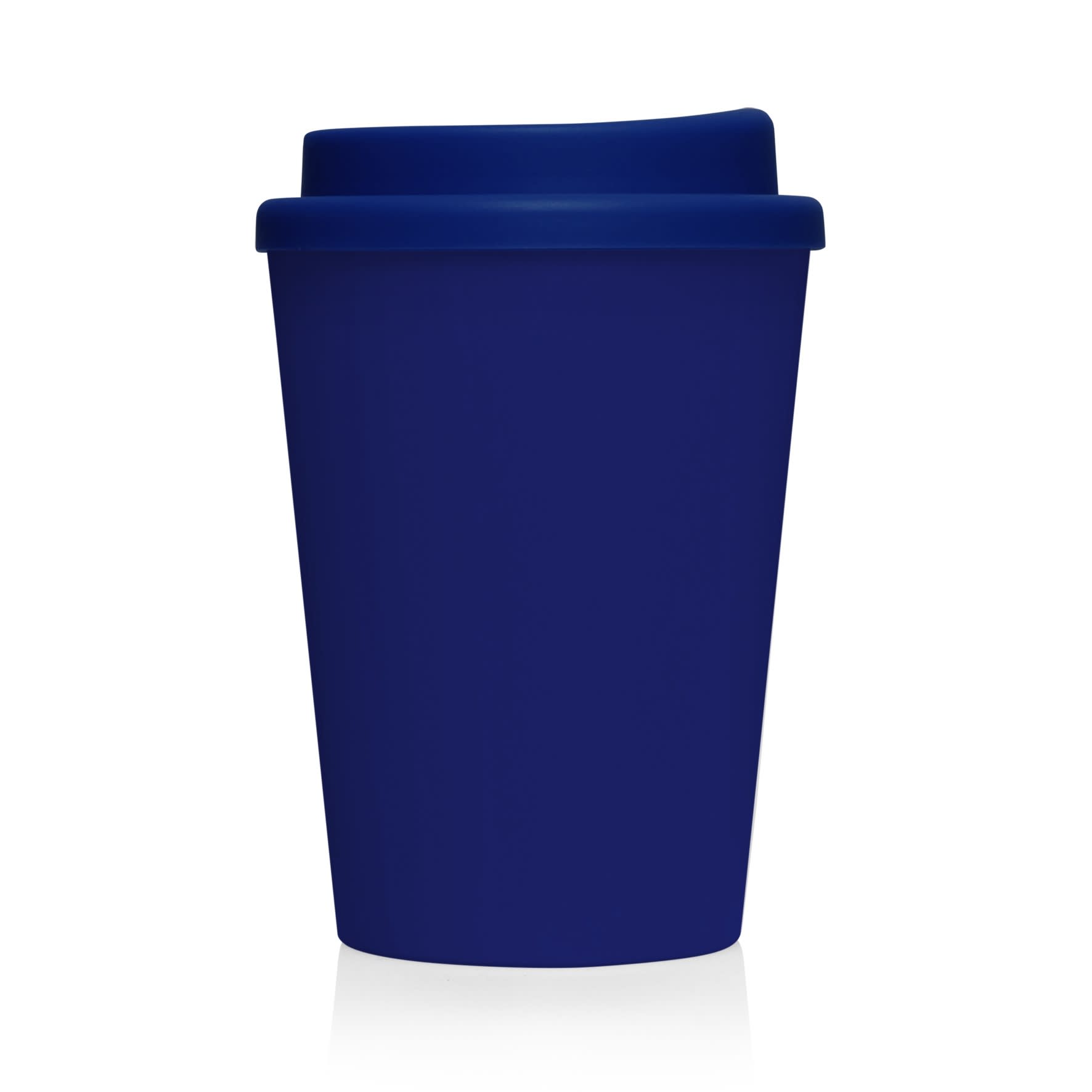 A drink bottle in navy blue, featuring a plastic double wall design and a lid. The product has a logo.