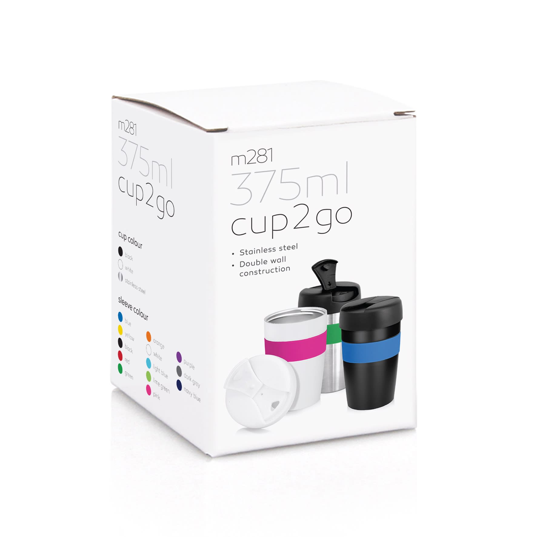 A drink bottle and cup set in various colours, featuring stainless steel and double wall construction, packaged in a box.