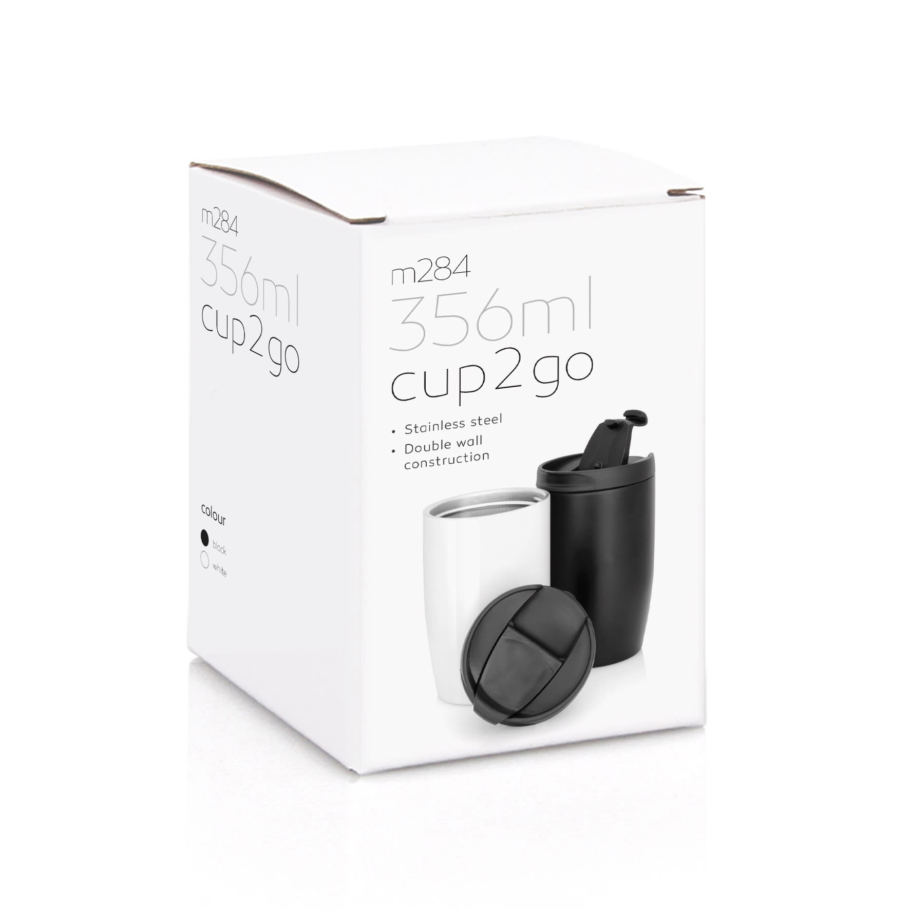A drink bottle box featuring a stainless steel double wall cup in white and black, with a lid.