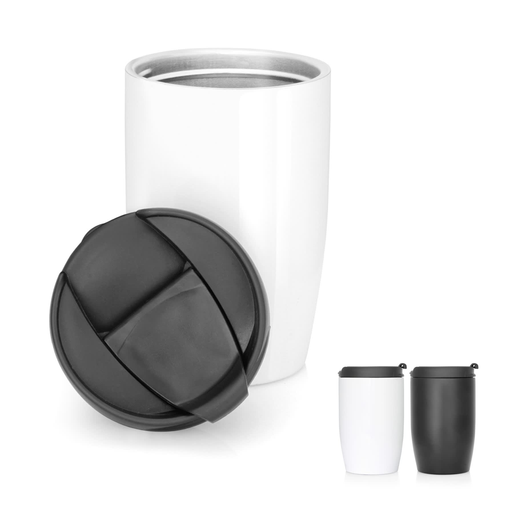 A drink bottle featuring a white stainless steel double wall design with a black lid. Includes a black variant.