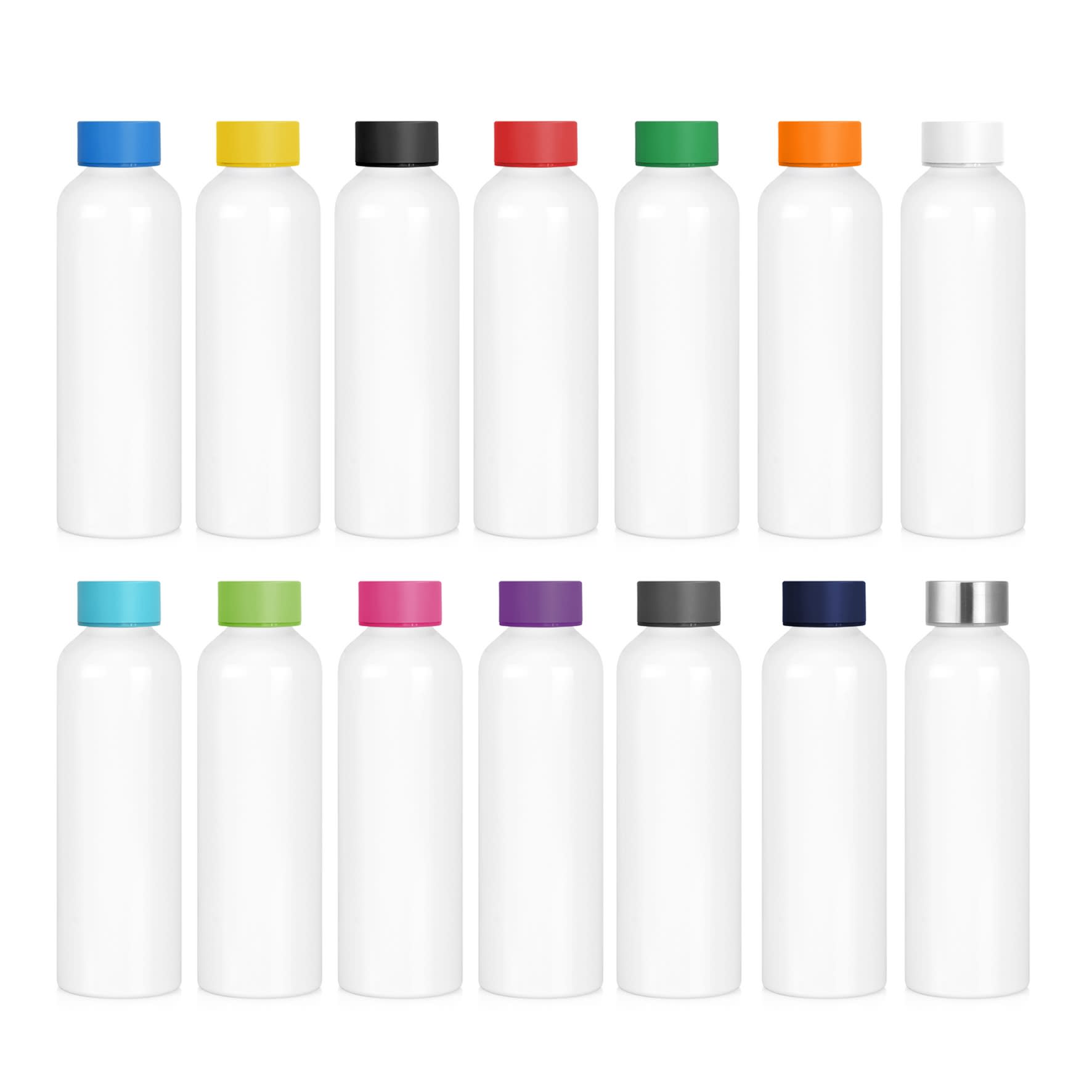 A drink bottle collection with a white body and various coloured caps in blue, black, red, green, orange, pink, purple, and silver.
