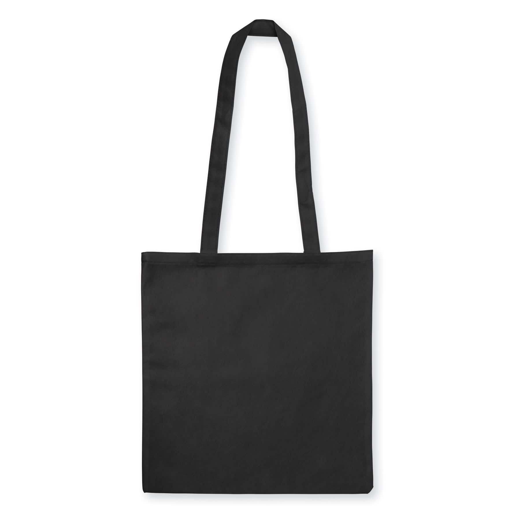 A plain black non-woven tote bag without gussets, featuring long handles and a simple design.