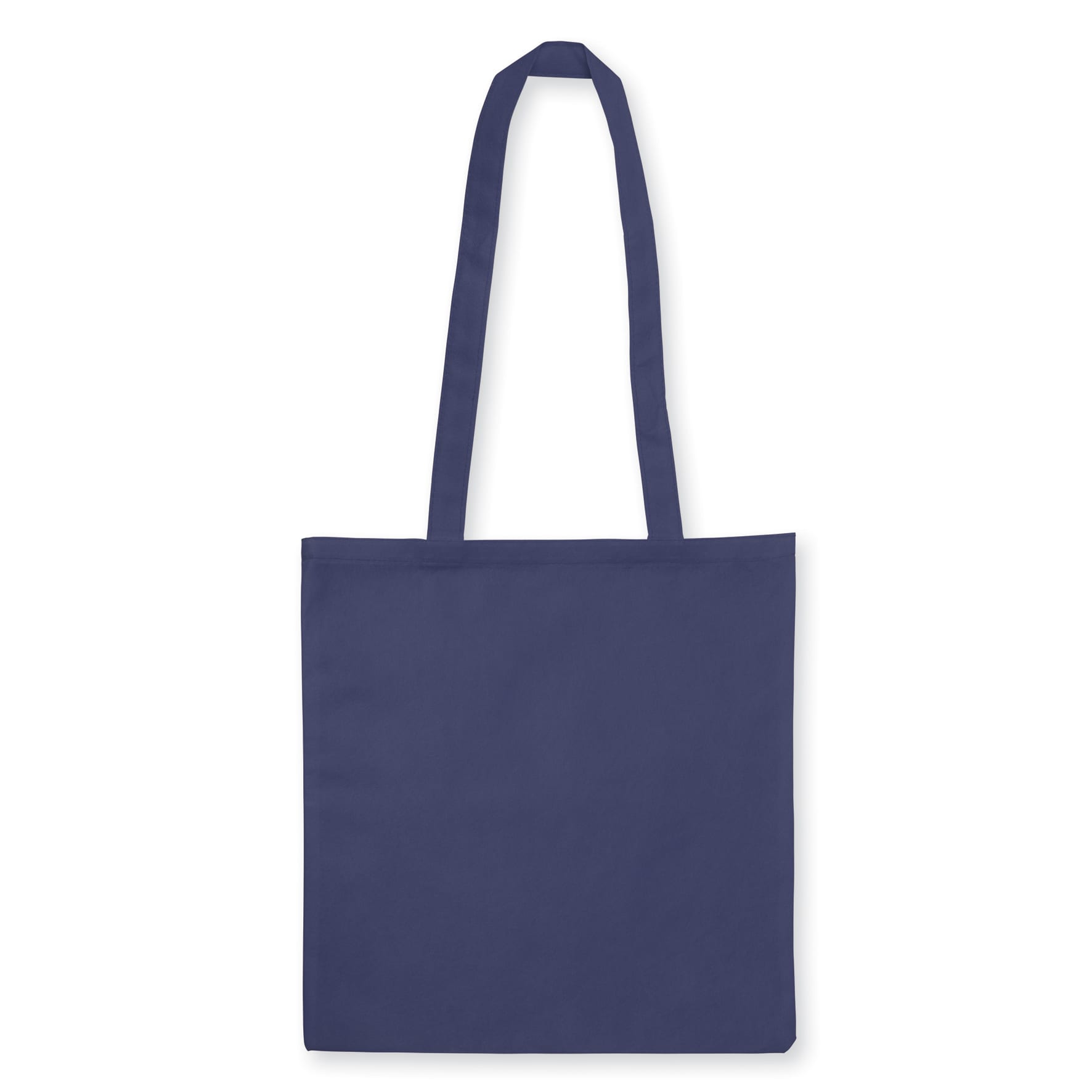 A navy blue non-woven tote bag without a gusset, featuring two shoulder straps and a blank surface.