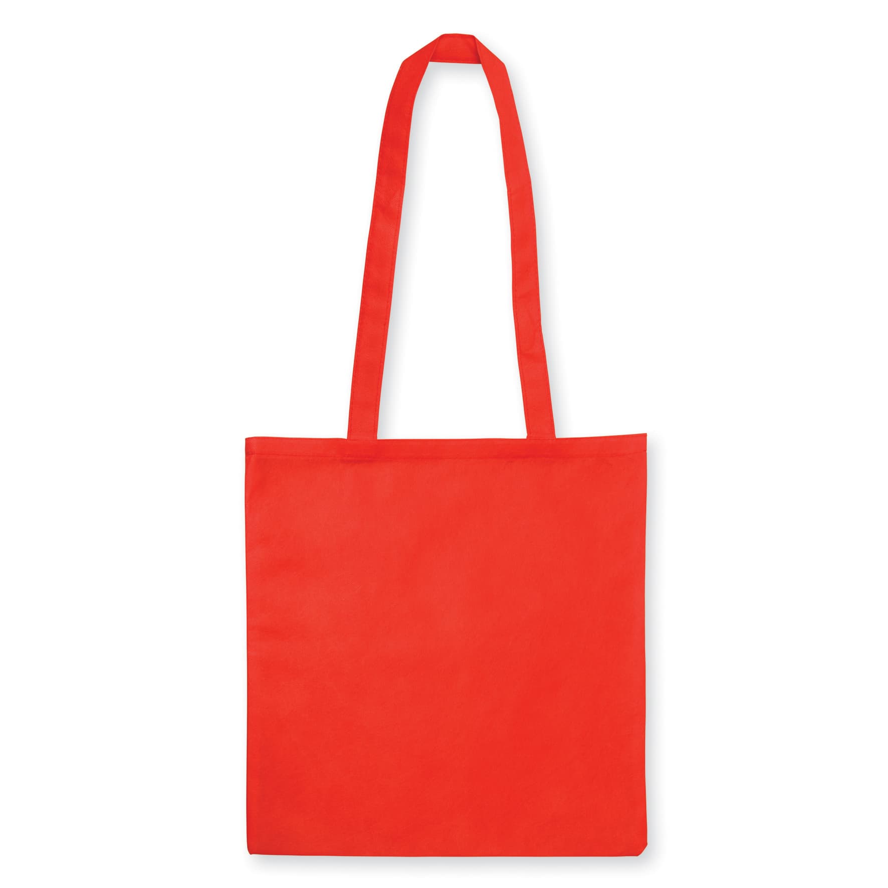 A red non-woven tote bag without a gusset, featuring long handles and a simple design.