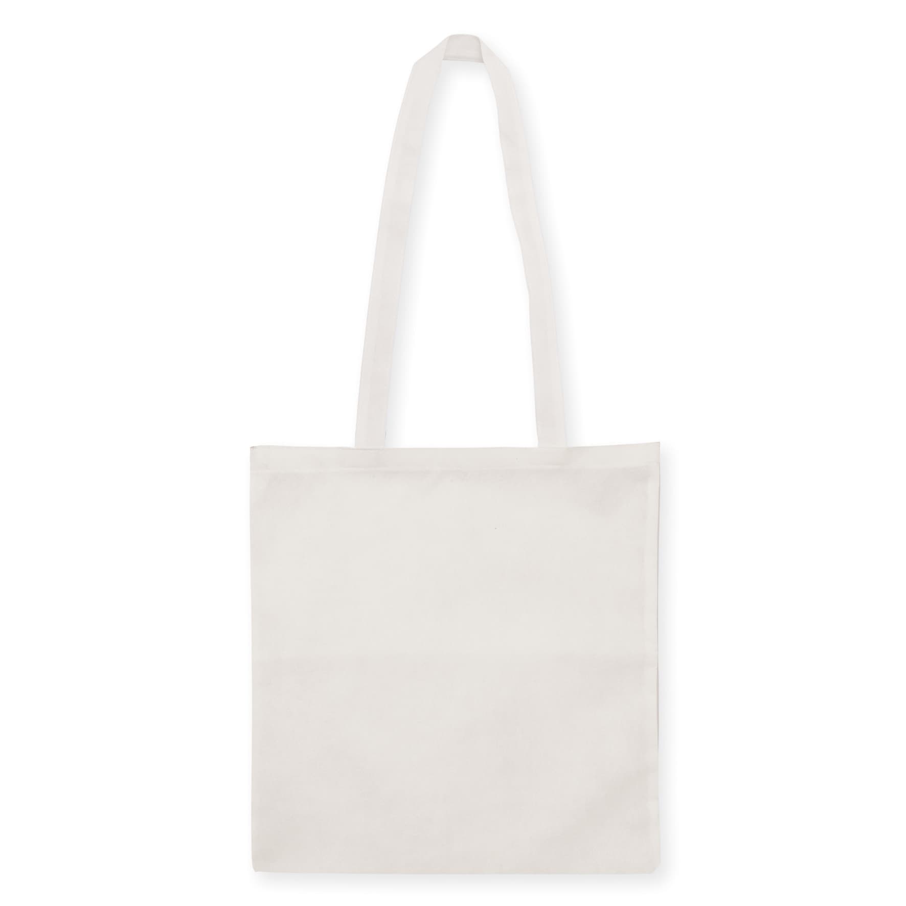 A plain white non-woven tote bag with long handles and no gusset. It features a logo on one side.