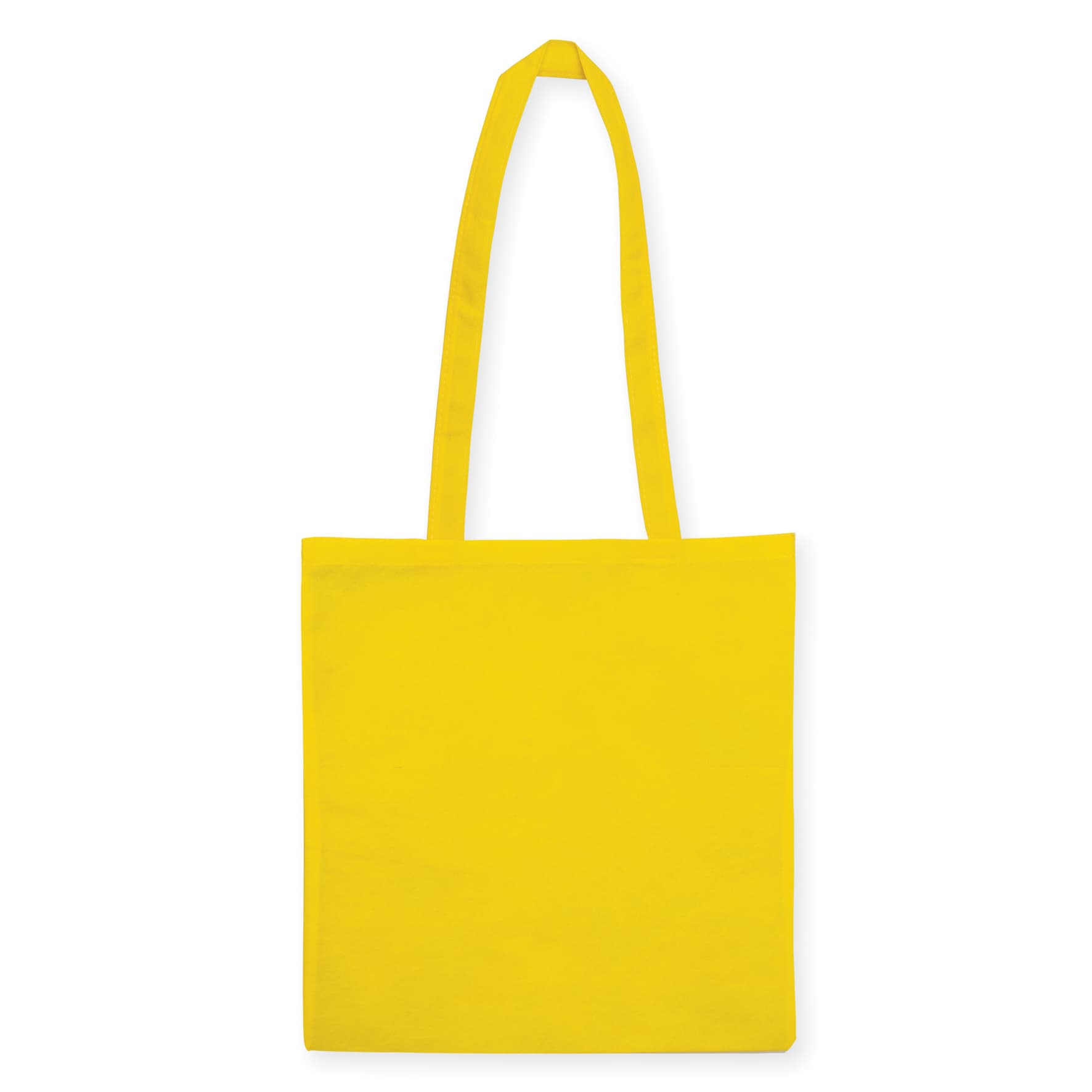 A yellow non-woven tote bag without a gusset, featuring long handles and a simple design.