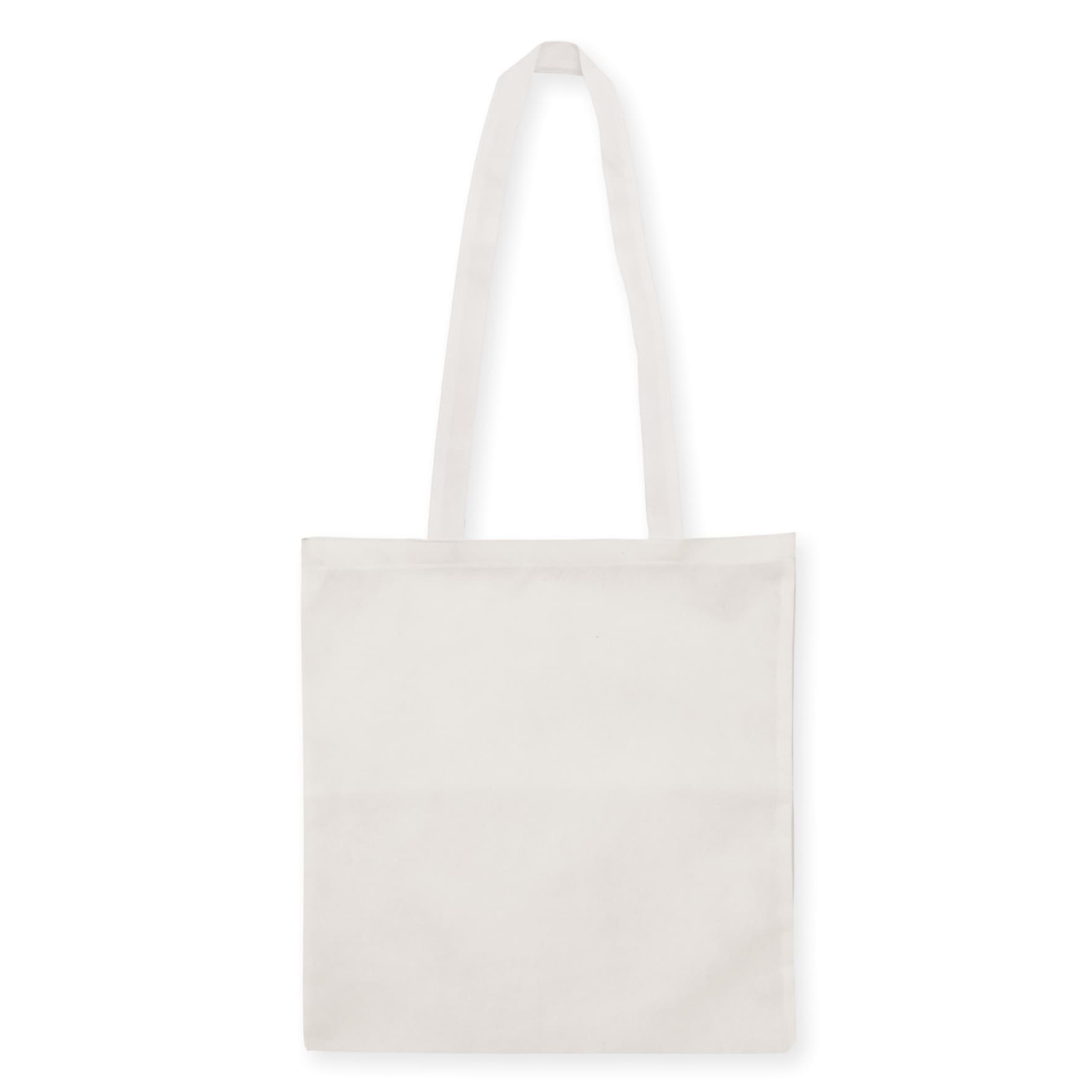 A non-woven bag in light grey with a V gusset and long handles, featuring a simple design.
