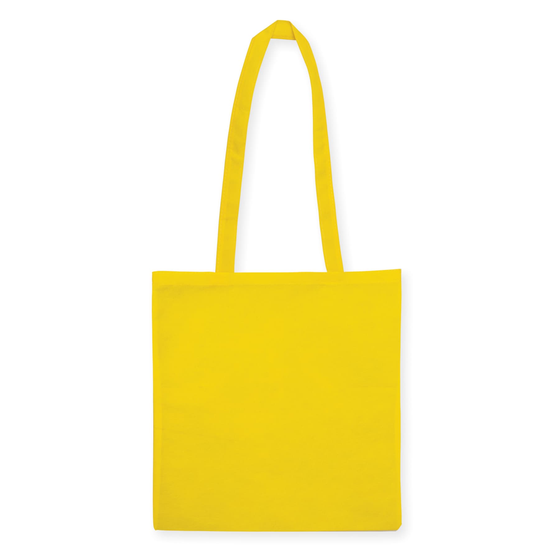 A yellow non-woven bag with a V gusset and long handles, featuring a logo on one side.