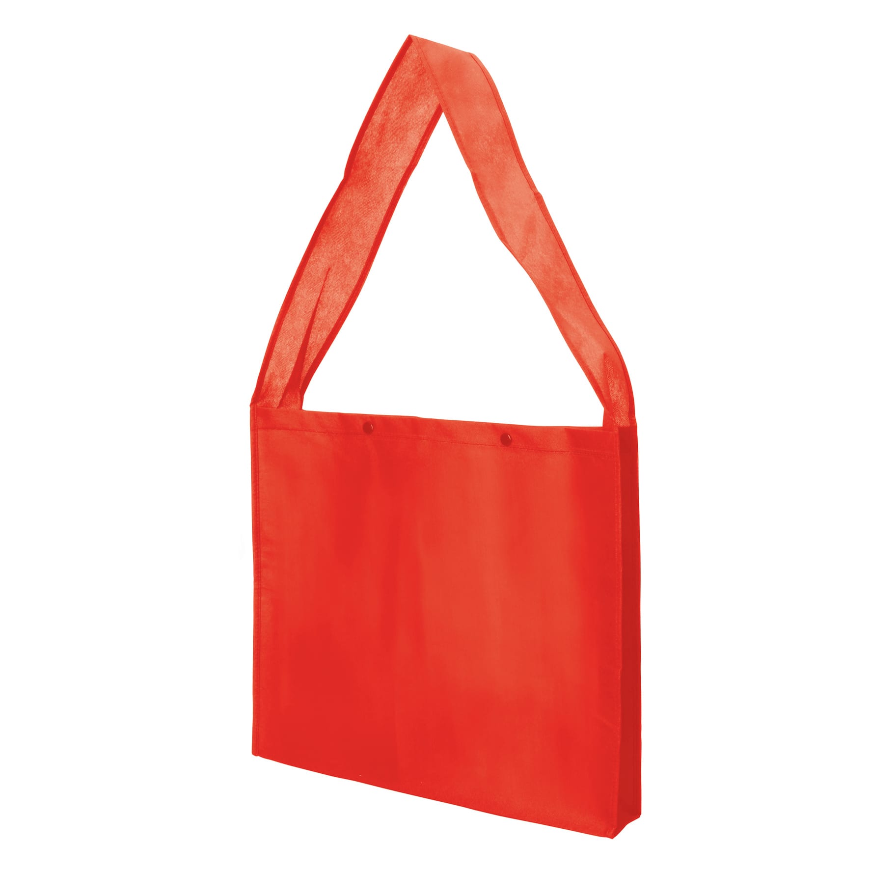 A red non-woven sling bag with press studs and a gusset, featuring a shoulder strap and a plain design.