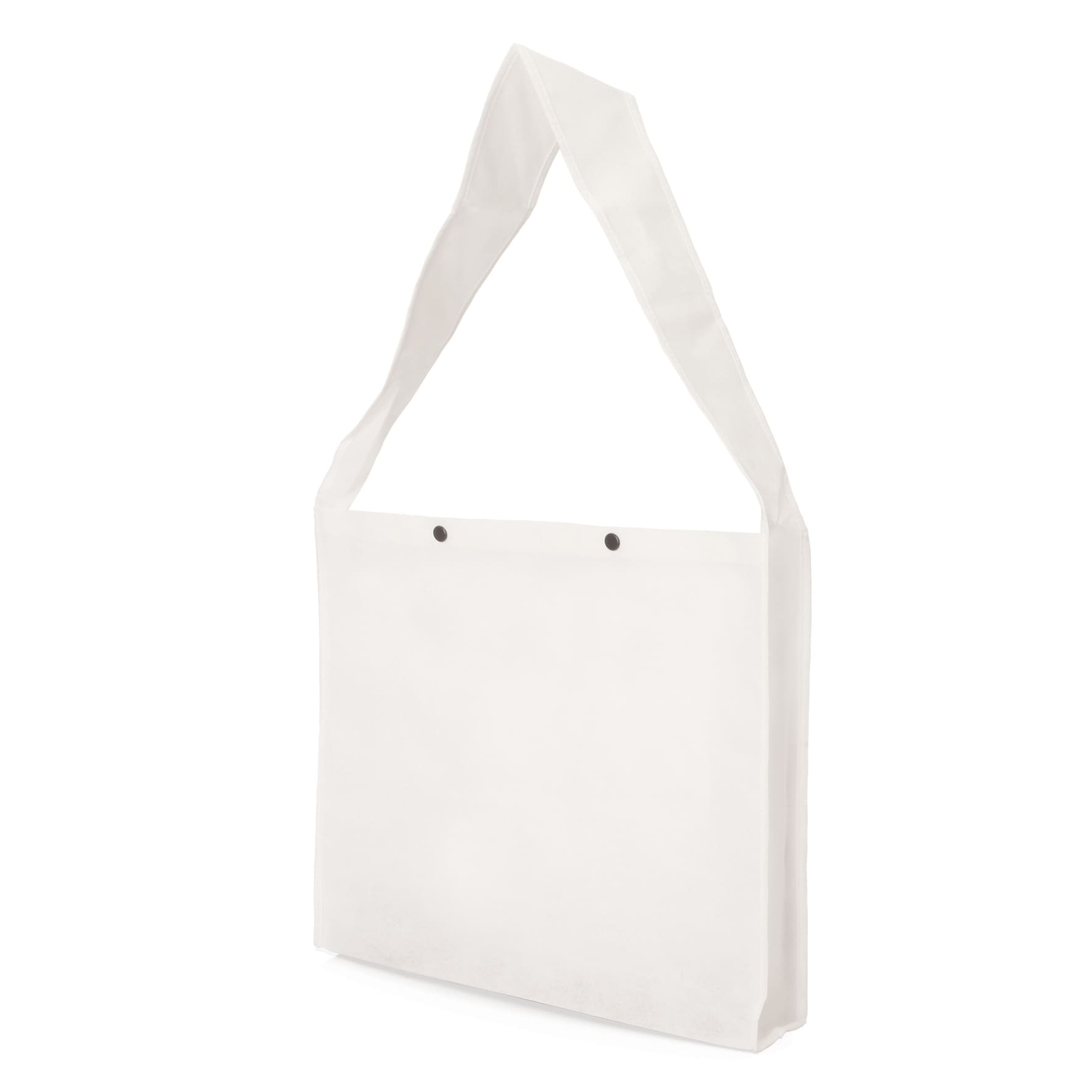 A white non-woven sling bag featuring press studs and a gusset, designed for easy carrying.