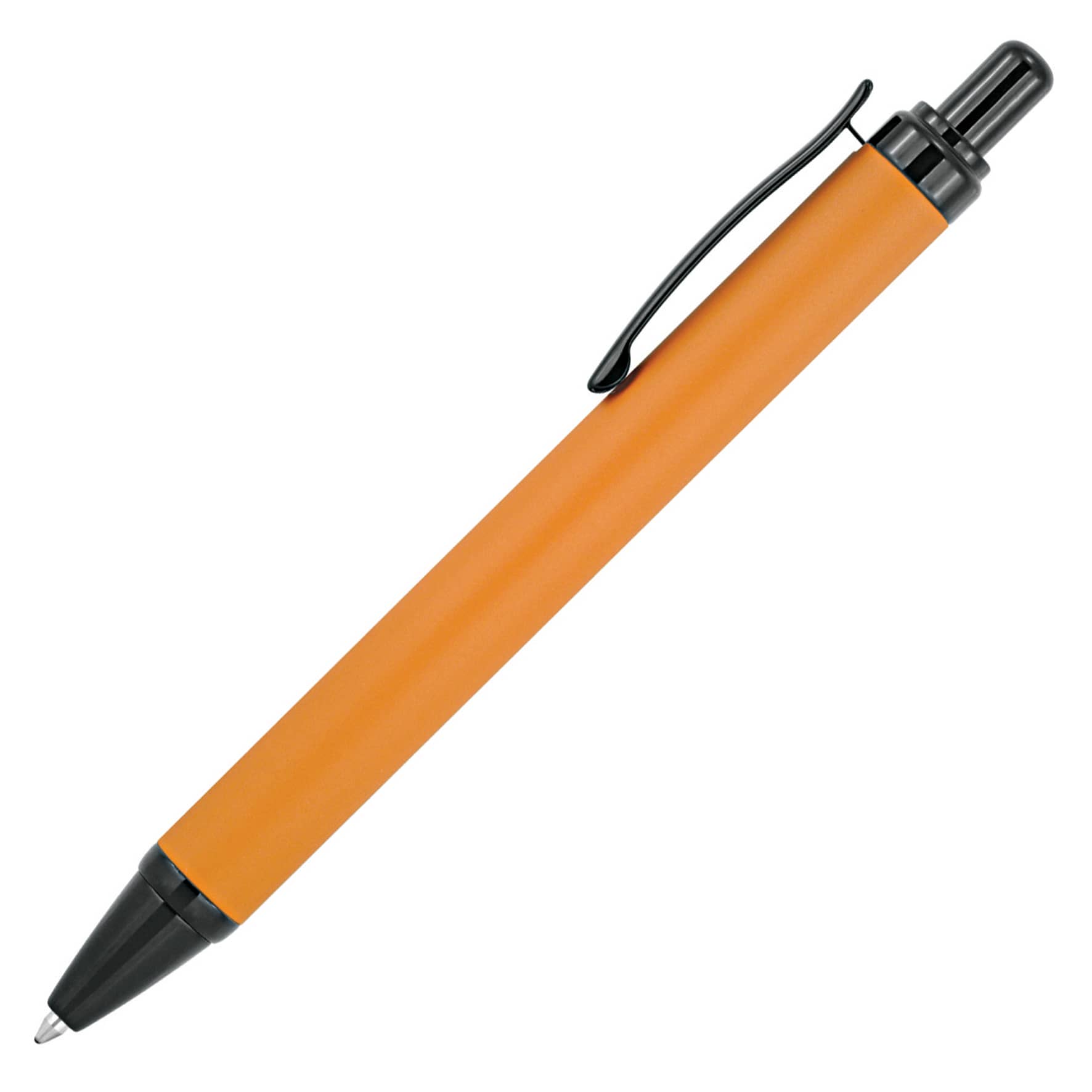 A metal ballpoint pen in orange with a black clip and tip, featuring a branding logo.