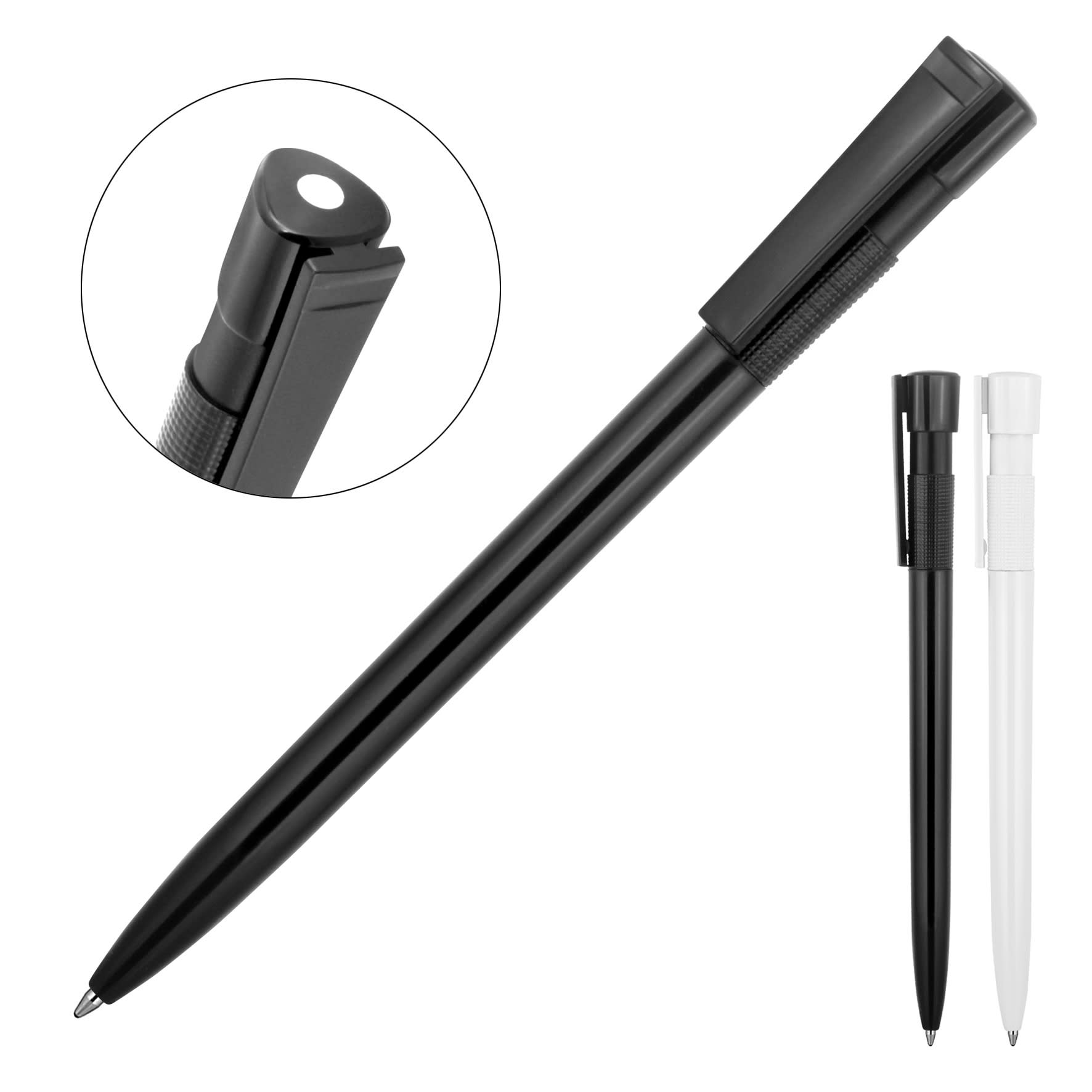 A high gloss plastic ballpoint pen in black and white, featuring a clip and a smooth writing tip.