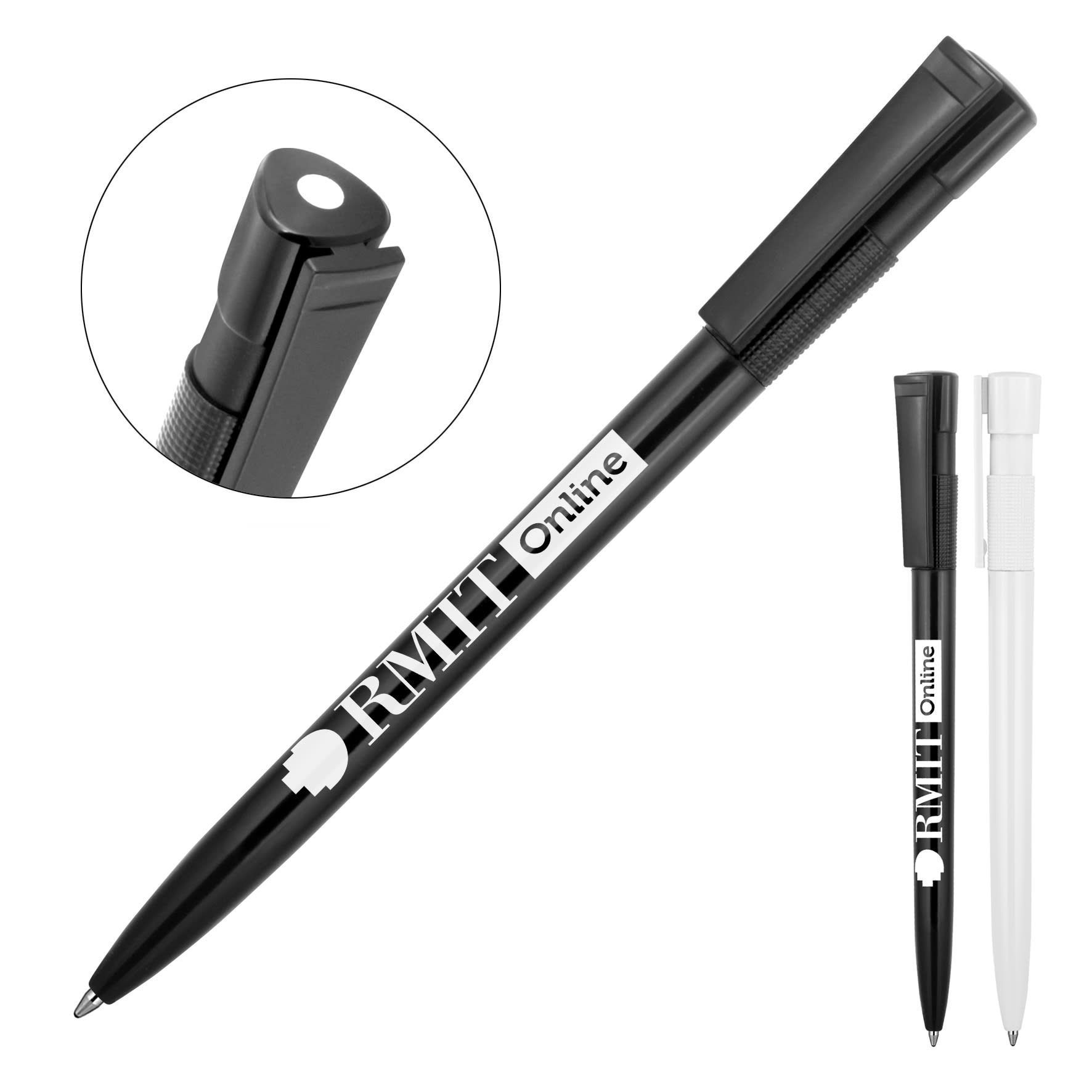 A black and white plastic ballpoint pen with high gloss finish, featuring a clip and a logo.