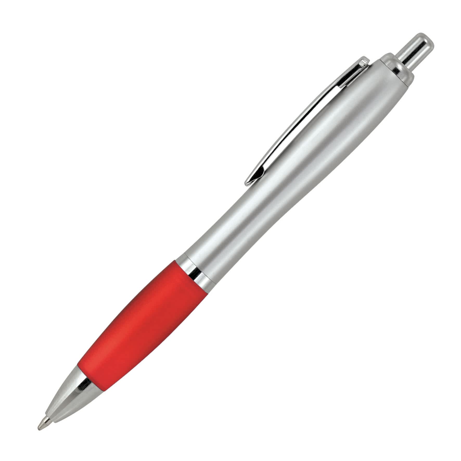 A ballpoint pen with a silver body and a red grip, featuring a clip and chrome accents. It has a logo on the barrel.