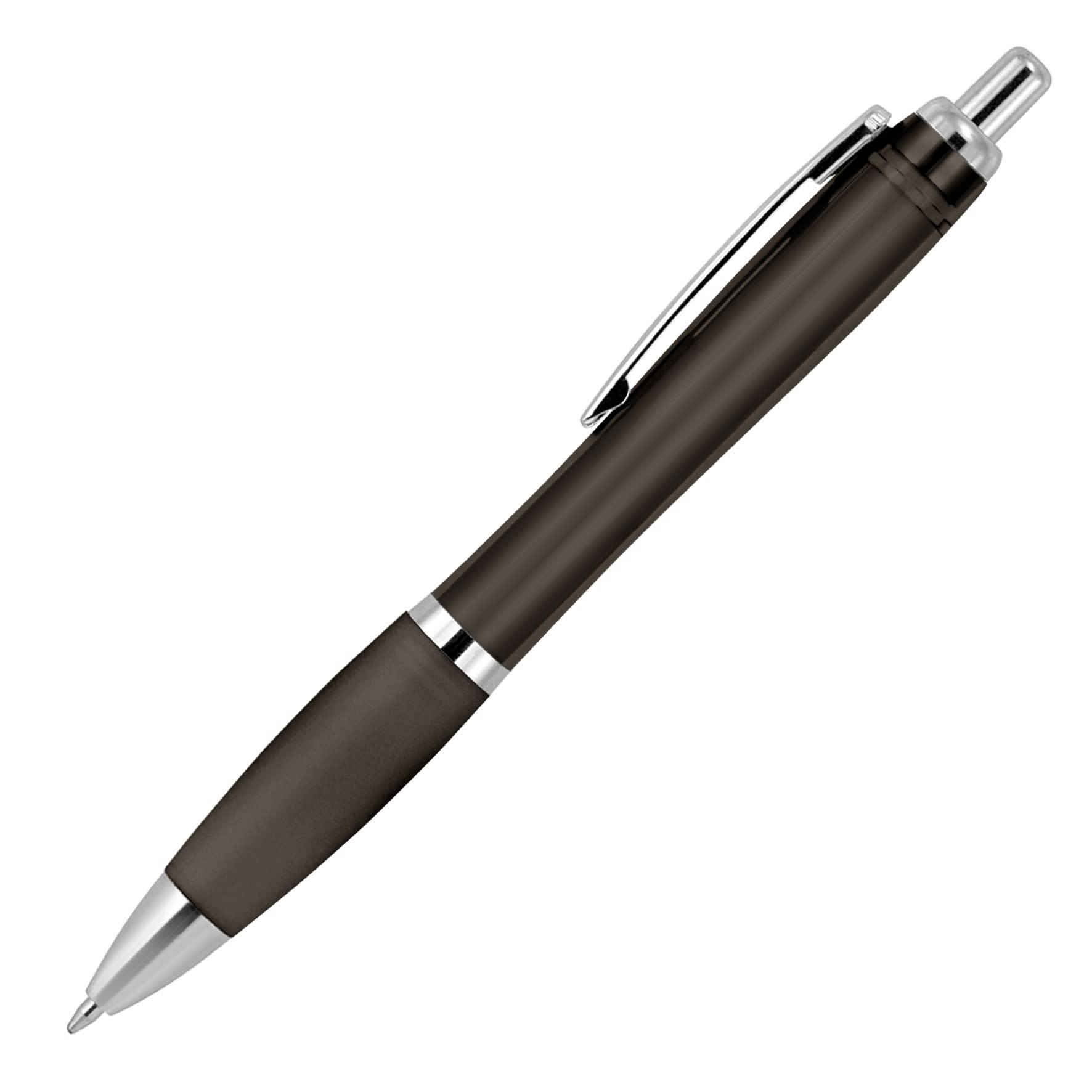A ballpoint pen featuring a transparent dark grey barrel and silver accents, with a clip for easy attachment.
