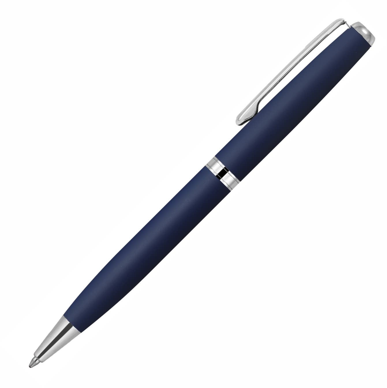 A navy blue ballpoint pen with a silver clip and band, featuring a sleek, modern design.