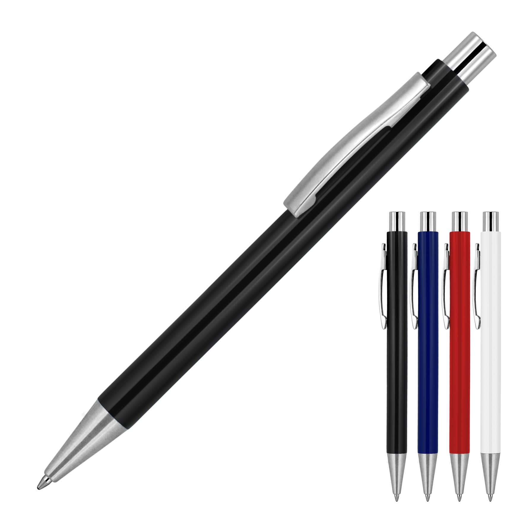 A ballpoint pen in solid colours: black, blue, red, and white, featuring a silver clip and branding.