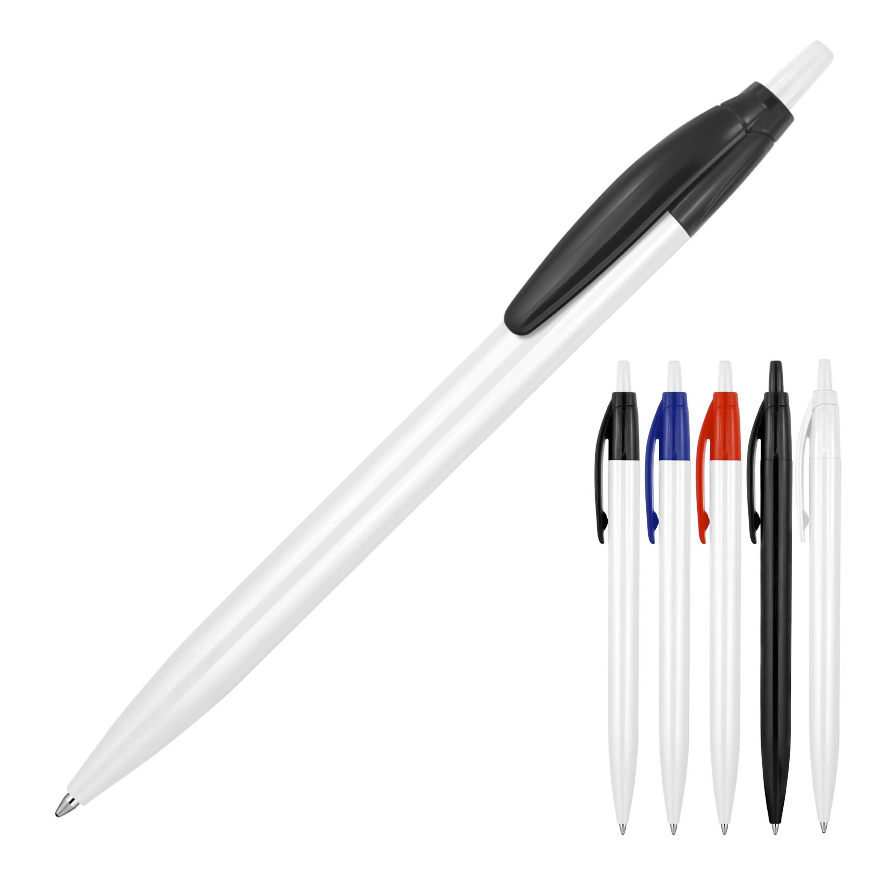 A ballpoint pen in white with a black cap, accompanied by additional pens in black, red, white, and blue.
