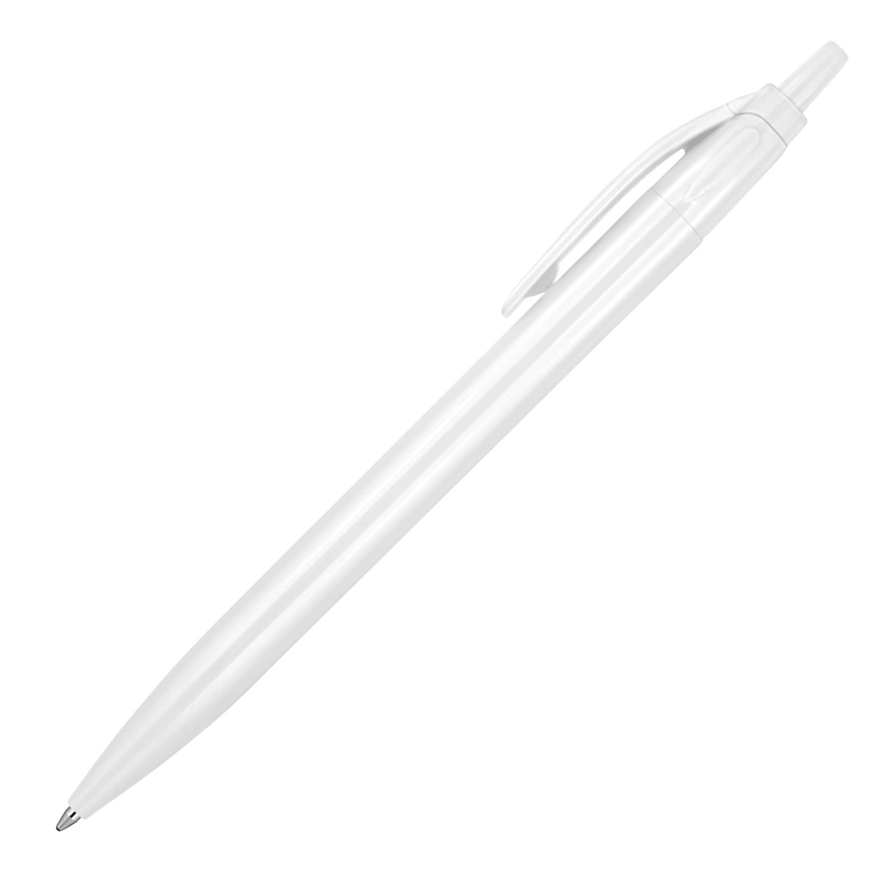 A white ballpoint pen with a sleek design and a clip for attachment. It features a logo on the side.